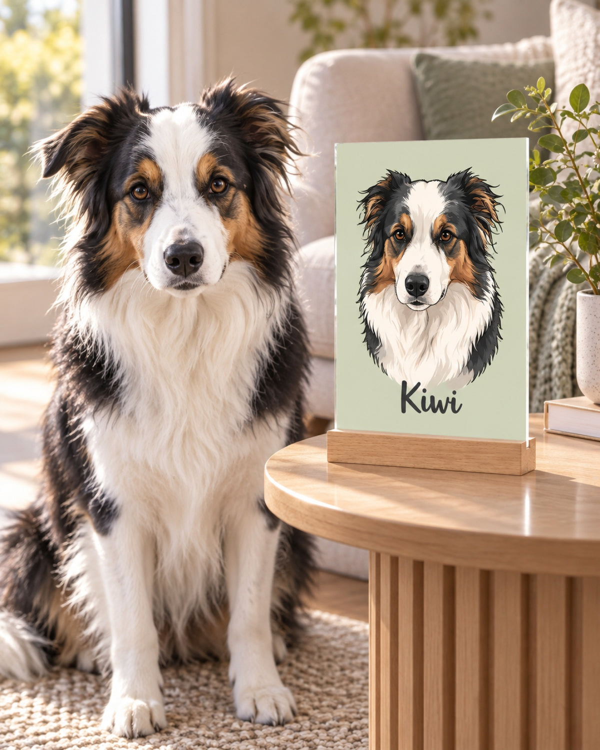 Acryl-Aufsteller im Cartoonstil, Australian Shepherd sitzt daneben