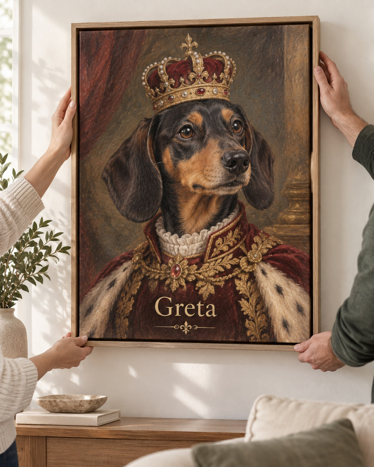 Hundeportrait auf Leinwand mit Rahmen, Dackel im Royal-Stil wird aufgehängt