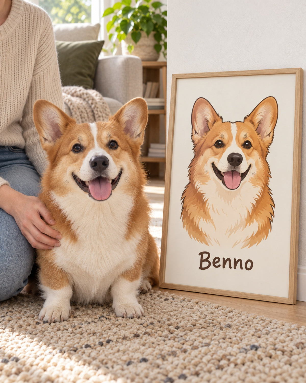 Hundeportrait im Holzrahmen im Cartoonstil, Corgi sitzt davor
