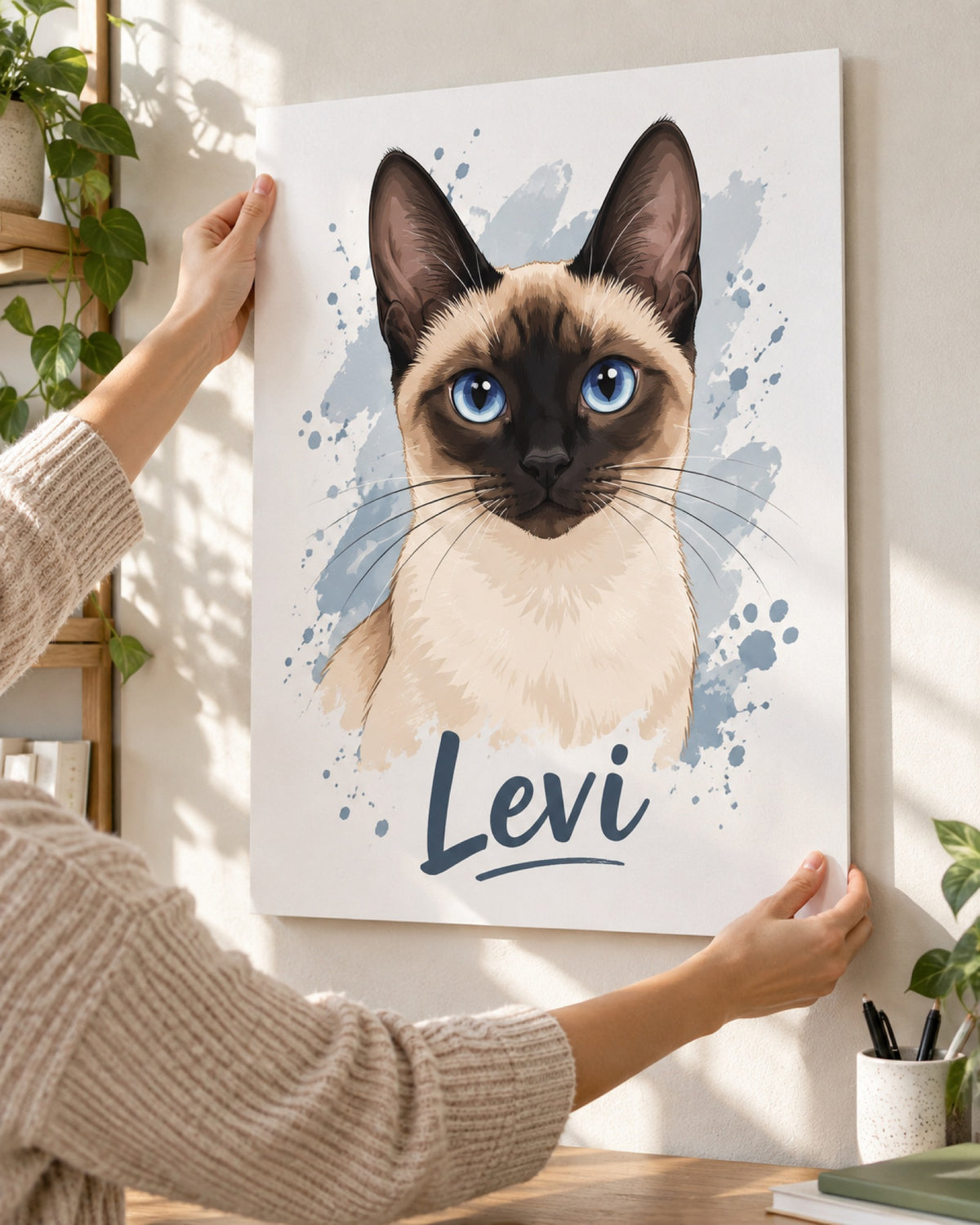Katzenportrait auf Hartschaumplatte mit Siamkatze im Cartoonstil