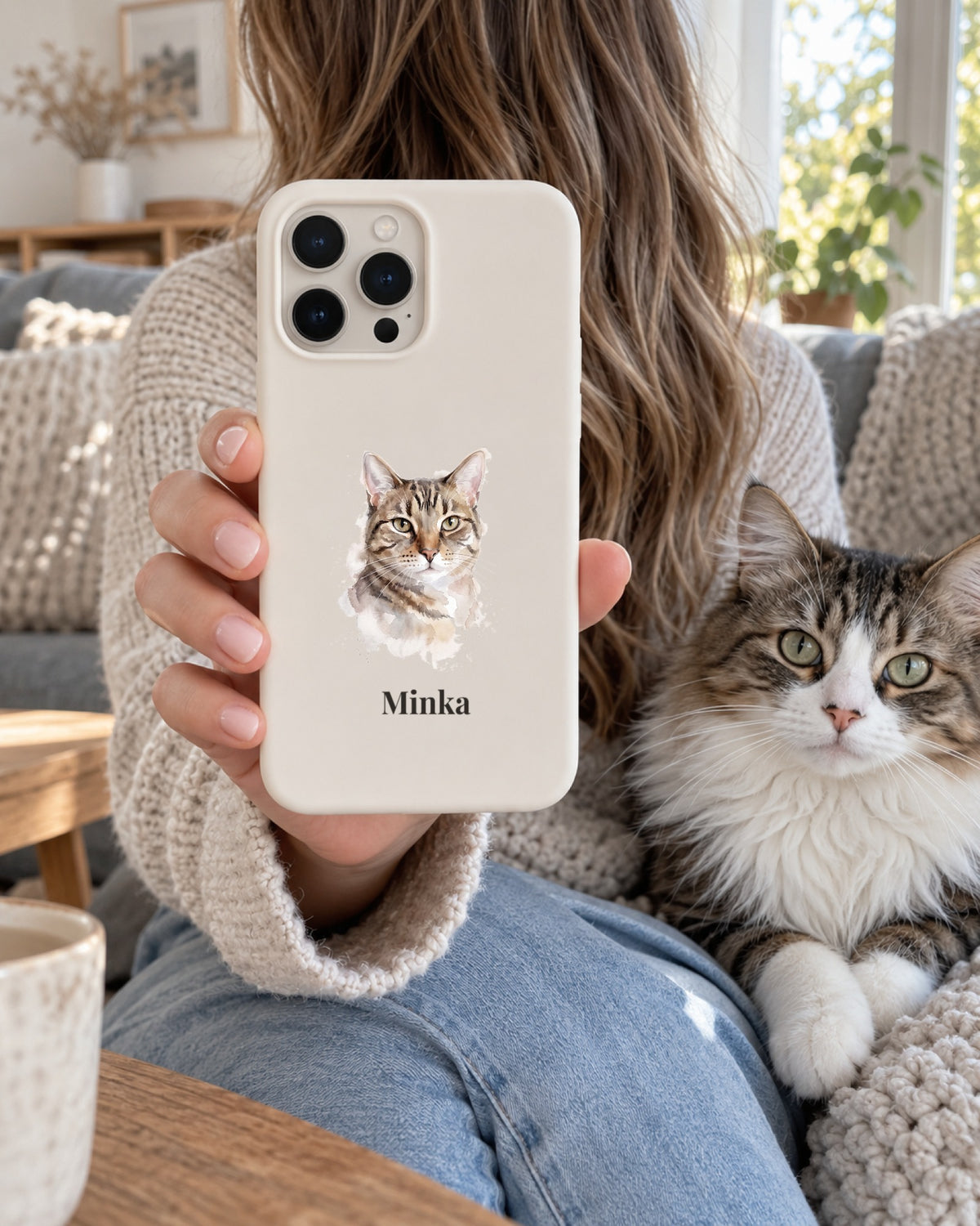 iPhone-Hülle mit Katzenportrait im Stil Aquarell und dem Namen Minka, von einer Frau gehalten, ihre Katze liegt daneben