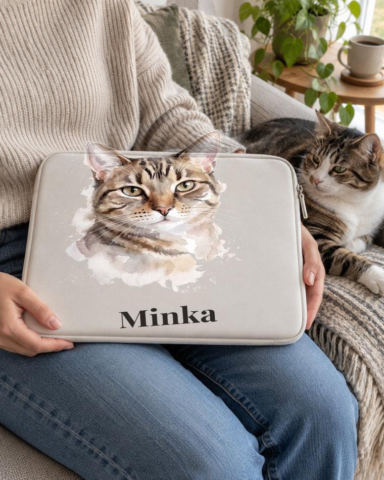 Laptophülle mit Katzenportrait im Stil Aquarell und dem Namen Minka auf den Knien einer Frau, eine Katze liegt daneben