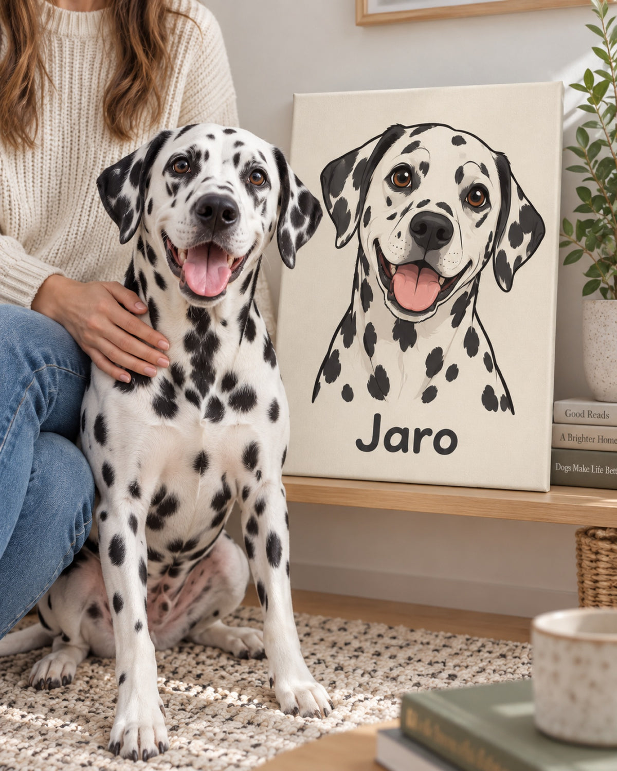 Hundeportrait auf Leinwand im Cartoonstil, Dalmatiner sitzt davor