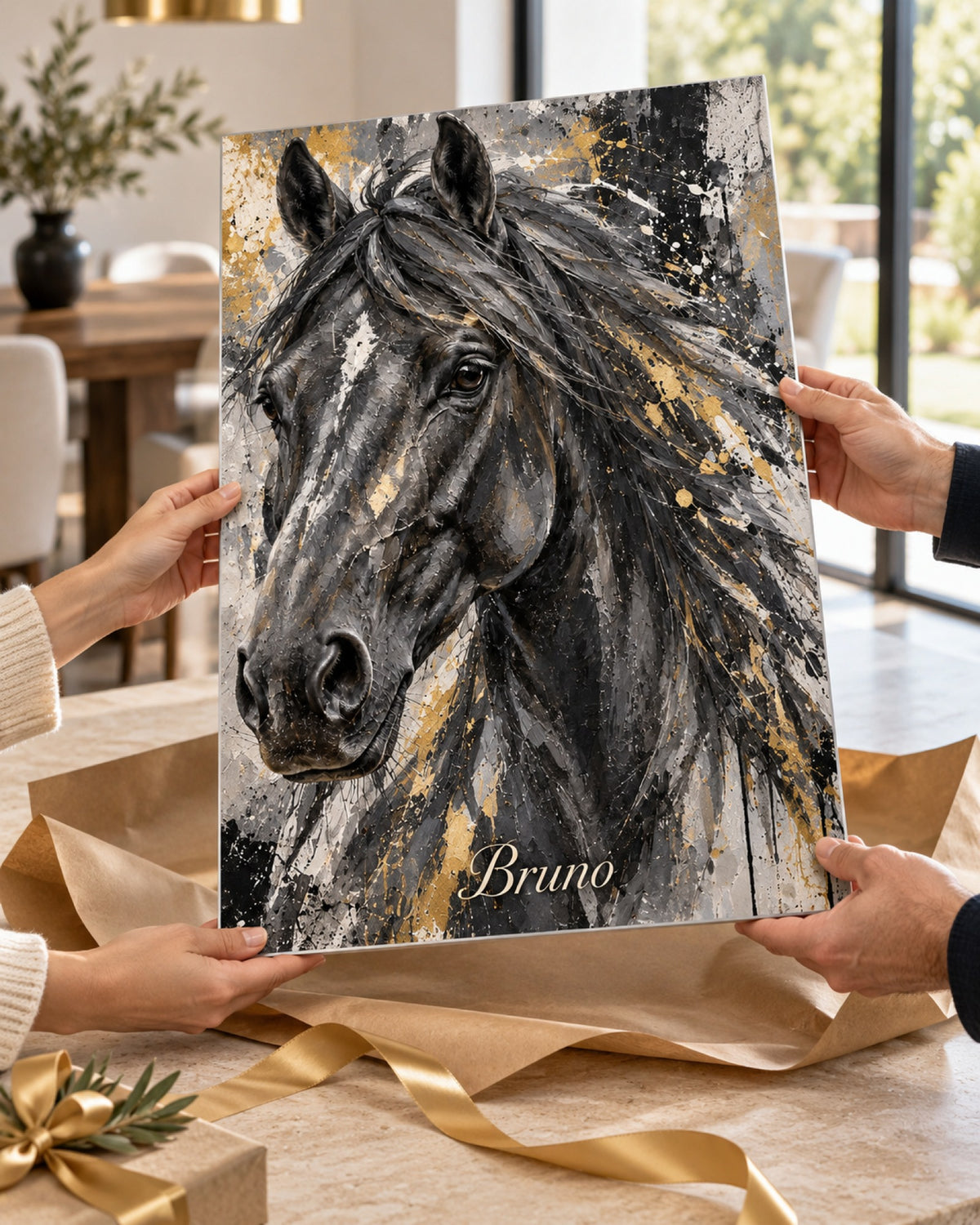 Pferdeportrait auf Aluminium mit Rappen in Schwarz und Gold als Geschenk