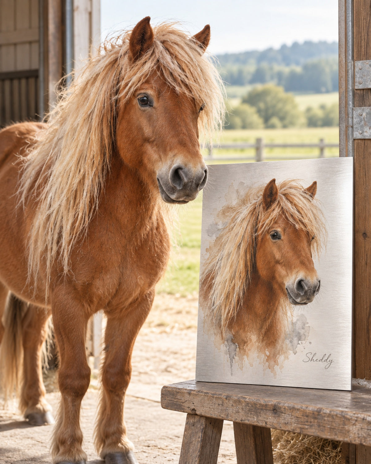 Pferdeportrait auf Aluminium im Aquarellstil, Pony steht daneben