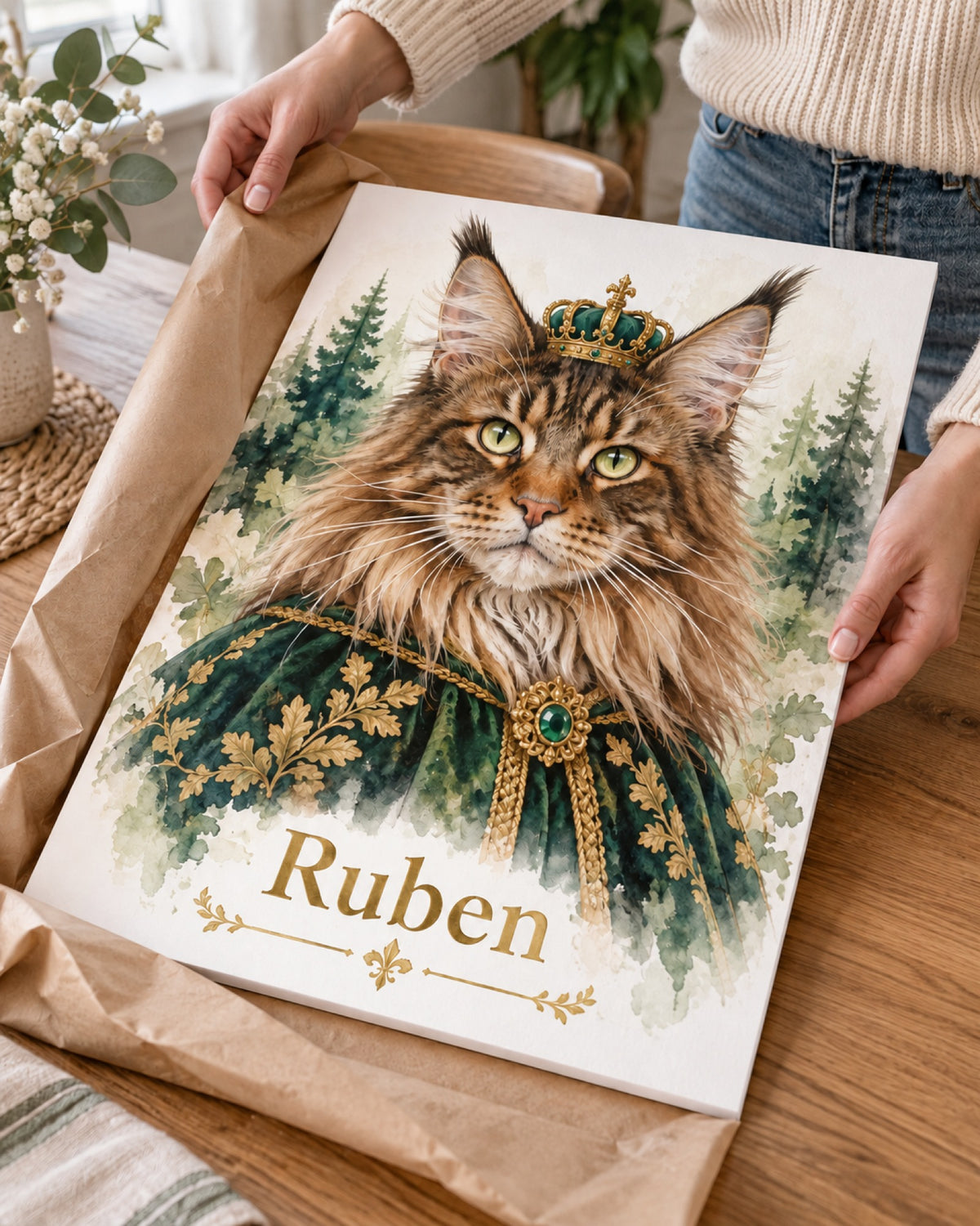 Katzenportrait auf Hartschaumplatte mit Maine Coon im Royal-Stil beim Auspacken