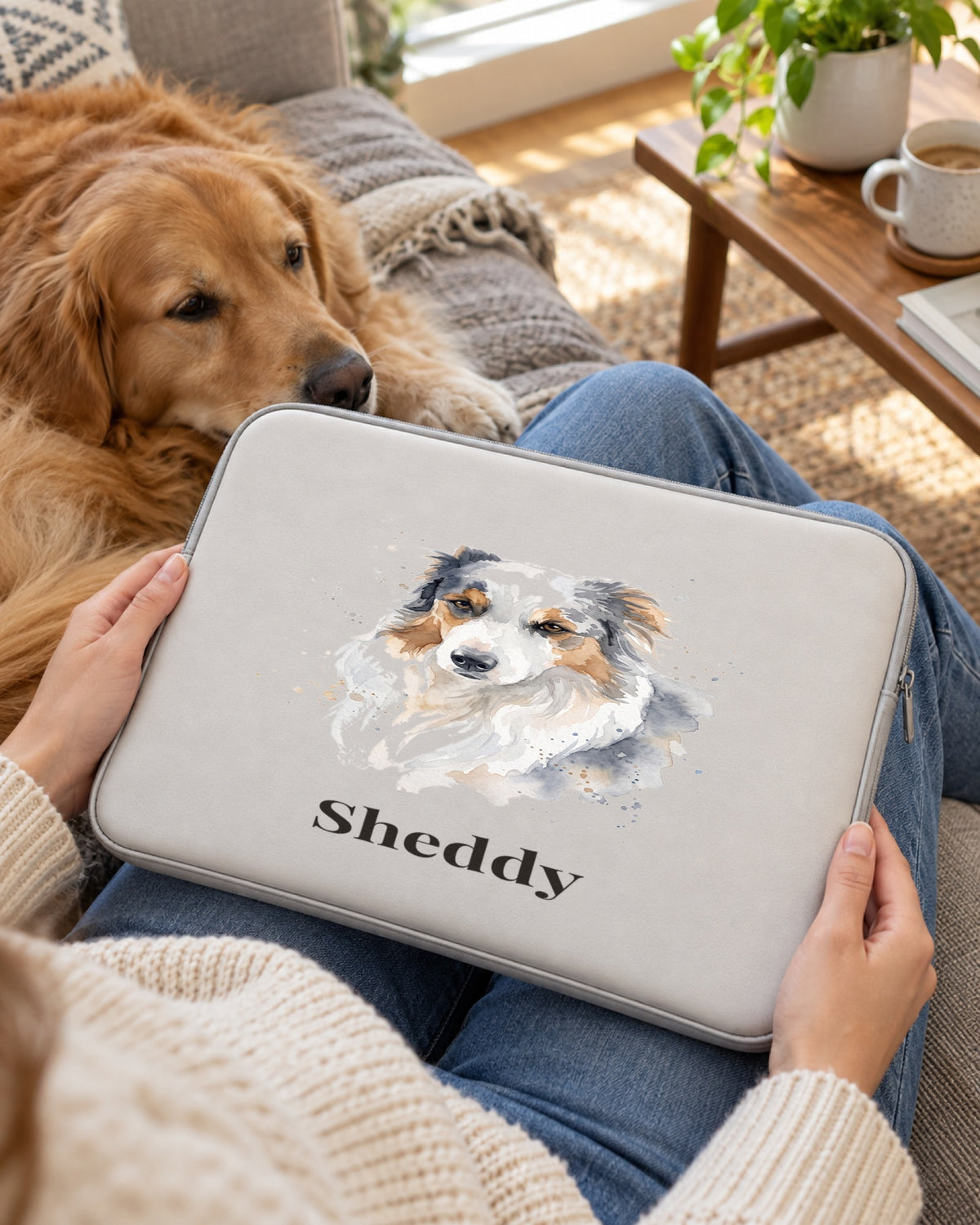 Laptophülle mit Hundeportrait im Stil Aquarell und dem Namen Sheddy auf den Knien einer Frau, ein Hund liegt daneben