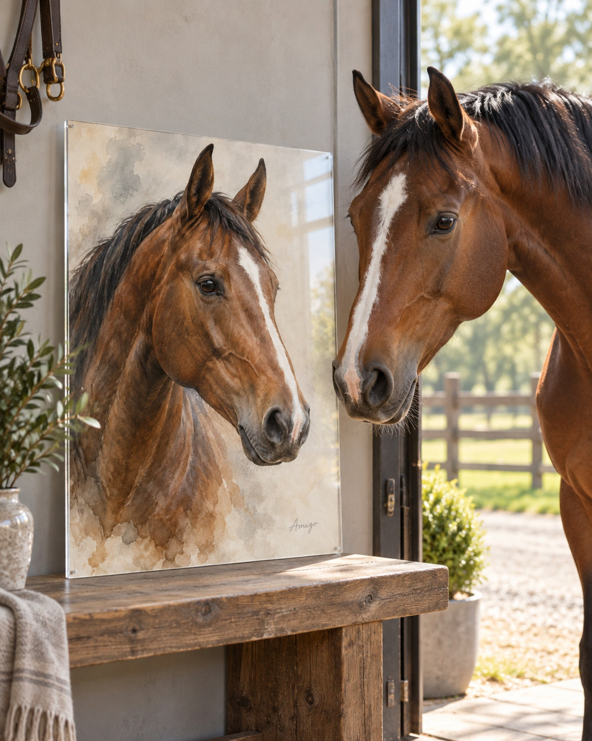 Pferdeportrait auf Acrylglas im Aquarellstil, braunes Pferd schaut darauf