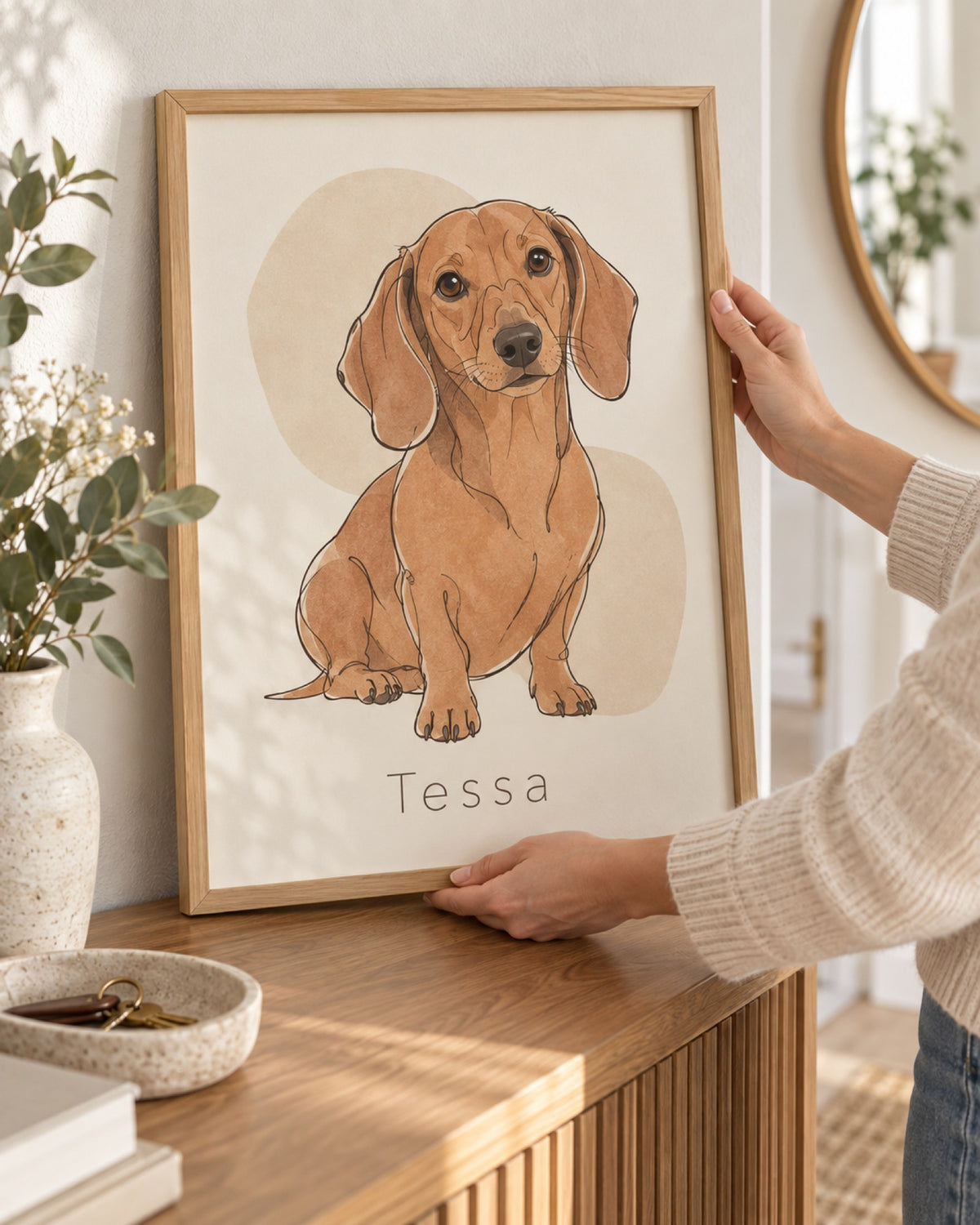 Hundeportrait im Holzrahmen mit Dackel im Minimalstil und Namen