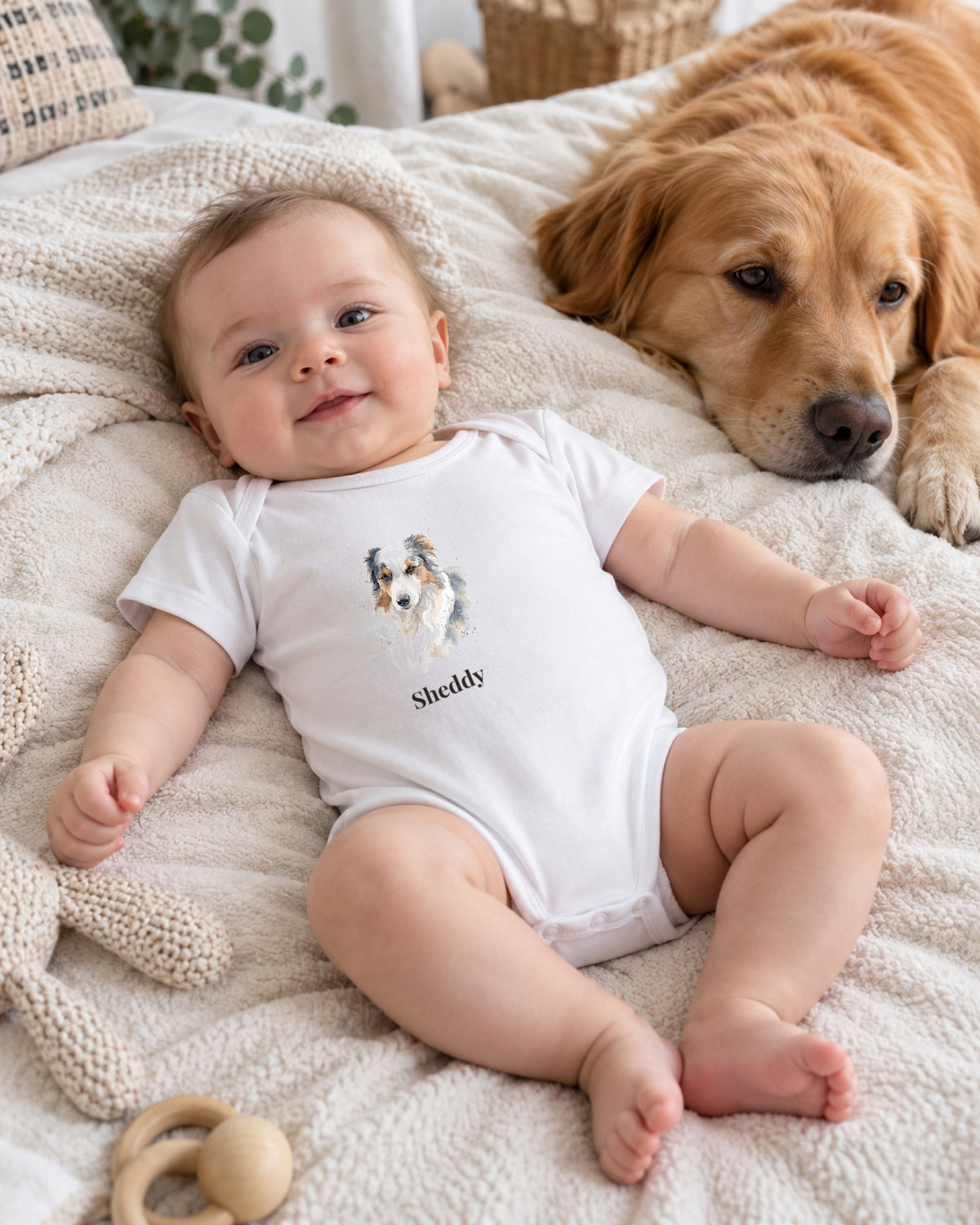 Weißer Babybody mit Hundeportrait im Stil Aquarell und dem Namen Sheddy, ein Baby liegt neben einem Hund