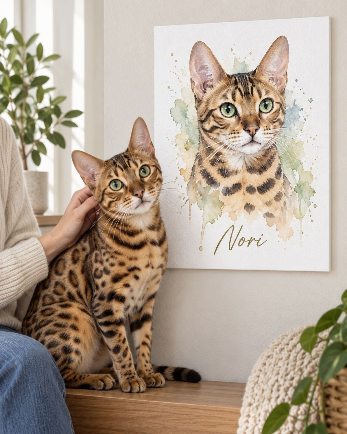 Katzenportrait auf Hartschaumplatte im Aquarellstil, Bengalkatze sitzt davor