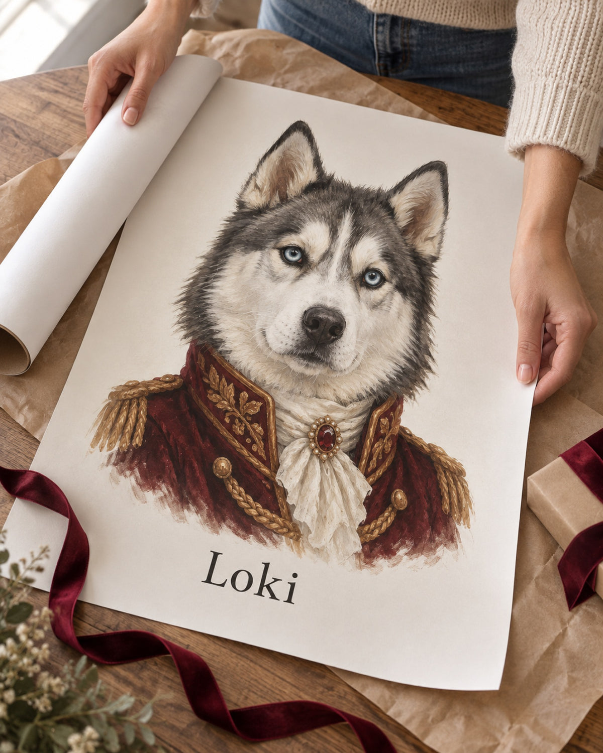 Hundeportrait als Poster mit Husky im Royal-Stil auf dem Tisch