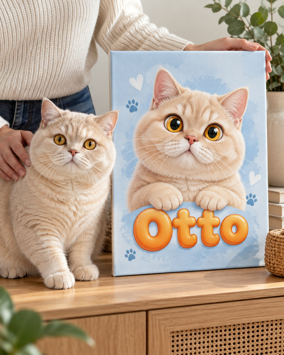 Katzenportrait auf Leinwand im Cartoonstil, cremefarbene Britisch Kurzhaar daneben