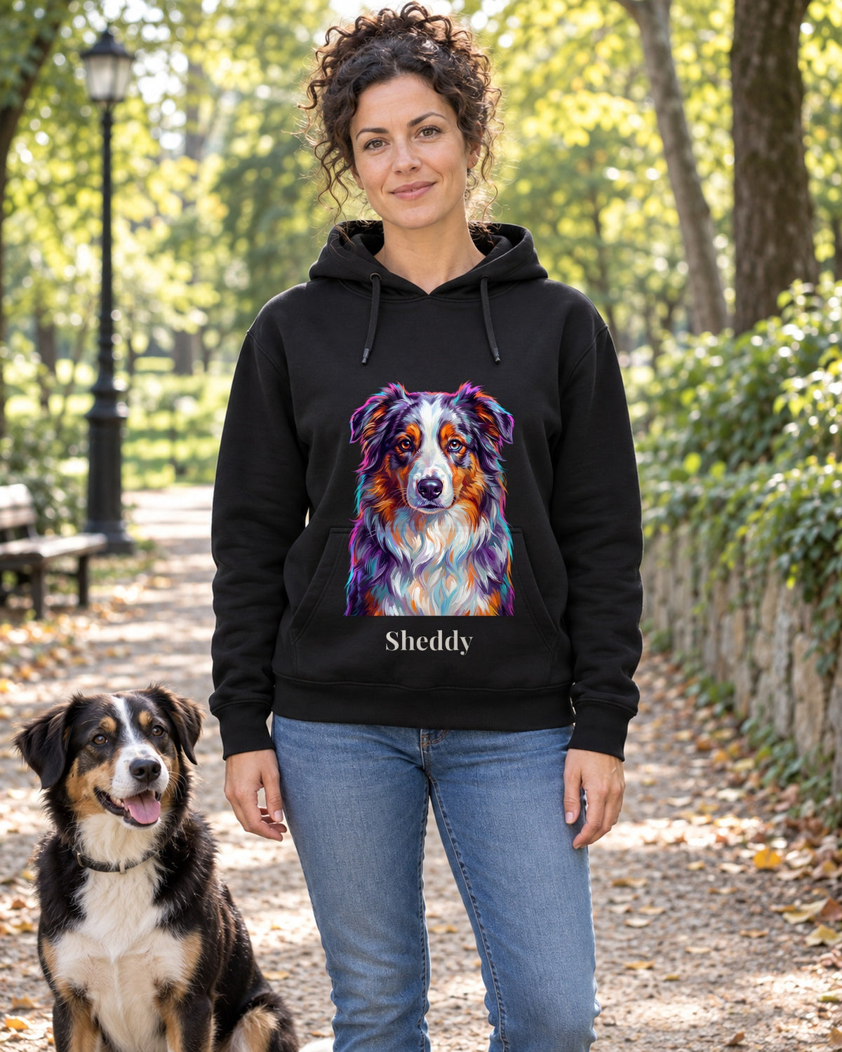 Schwarzer Hoodie mit Hundeportrait und Namen, getragen im Park