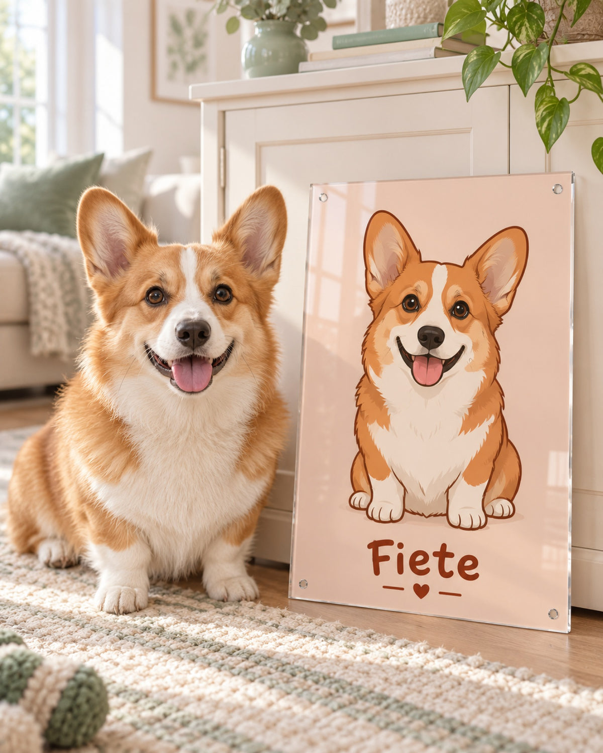Hundeportrait auf Acrylglas im Cartoonstil, Corgi sitzt davor