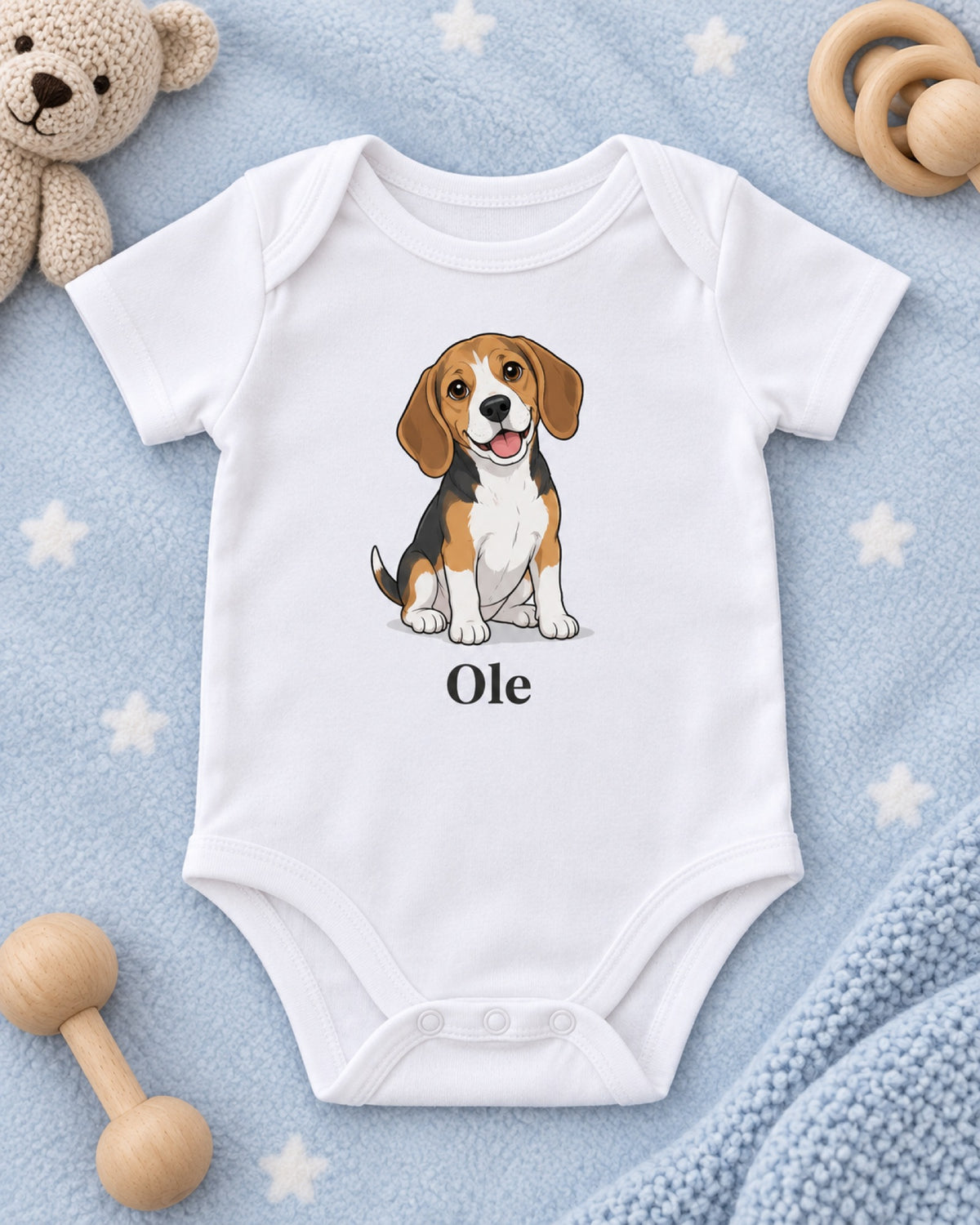 Babybody mit Beagle im Cartoon-Stil und Namen Ole, flach gelegt