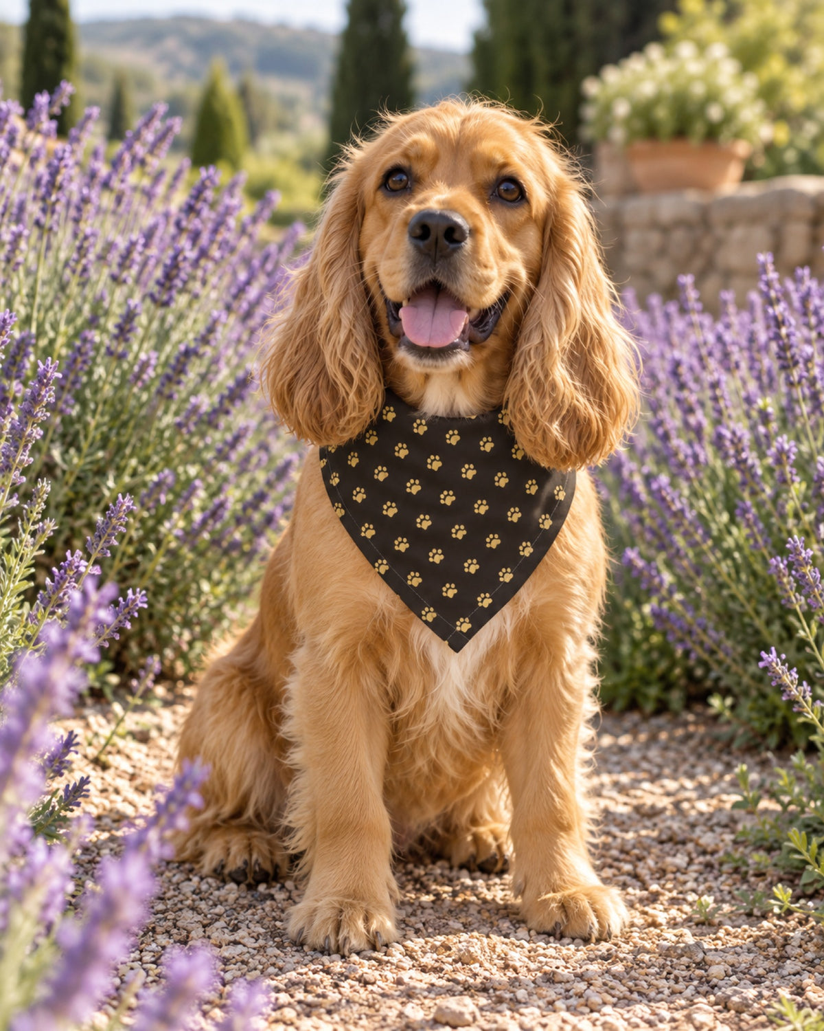 Cocker Spaniel trägt das dunkelbraune Halstuch mit Pfoten im Lavendel