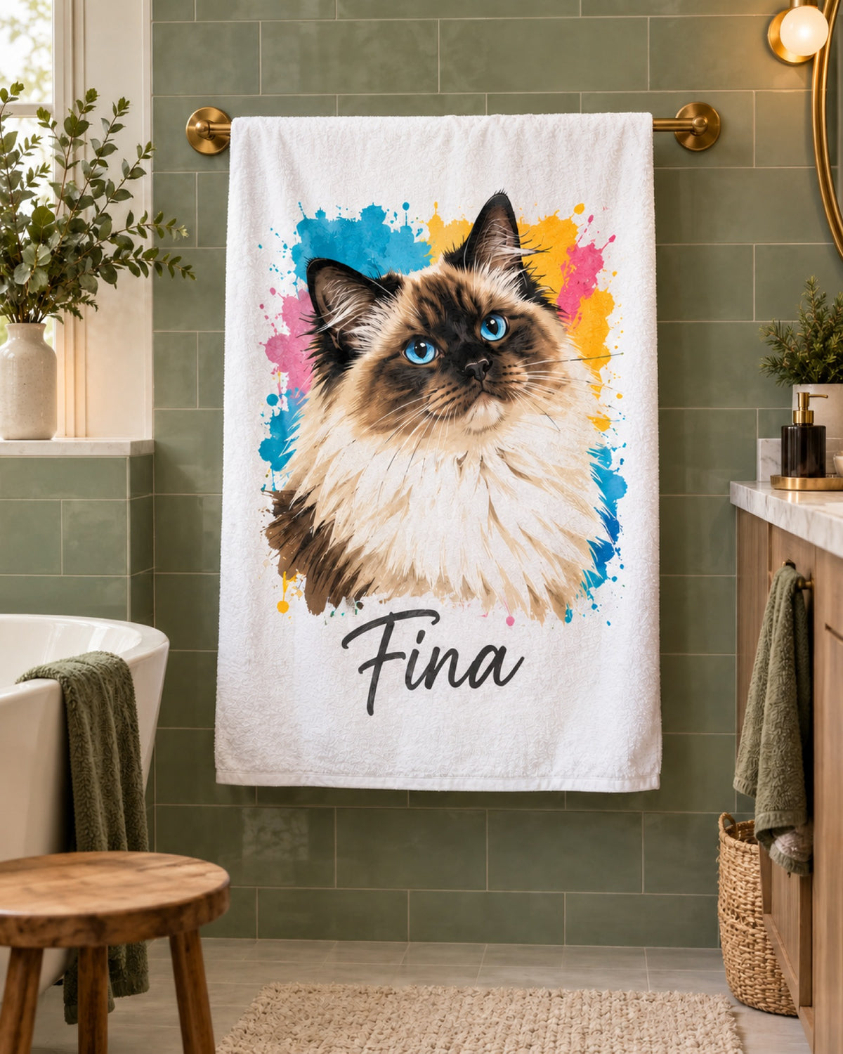 Badetuch mit Birma-Katze im Pop-Art-Stil und Namen Fina an der Handtuchstange im Bad