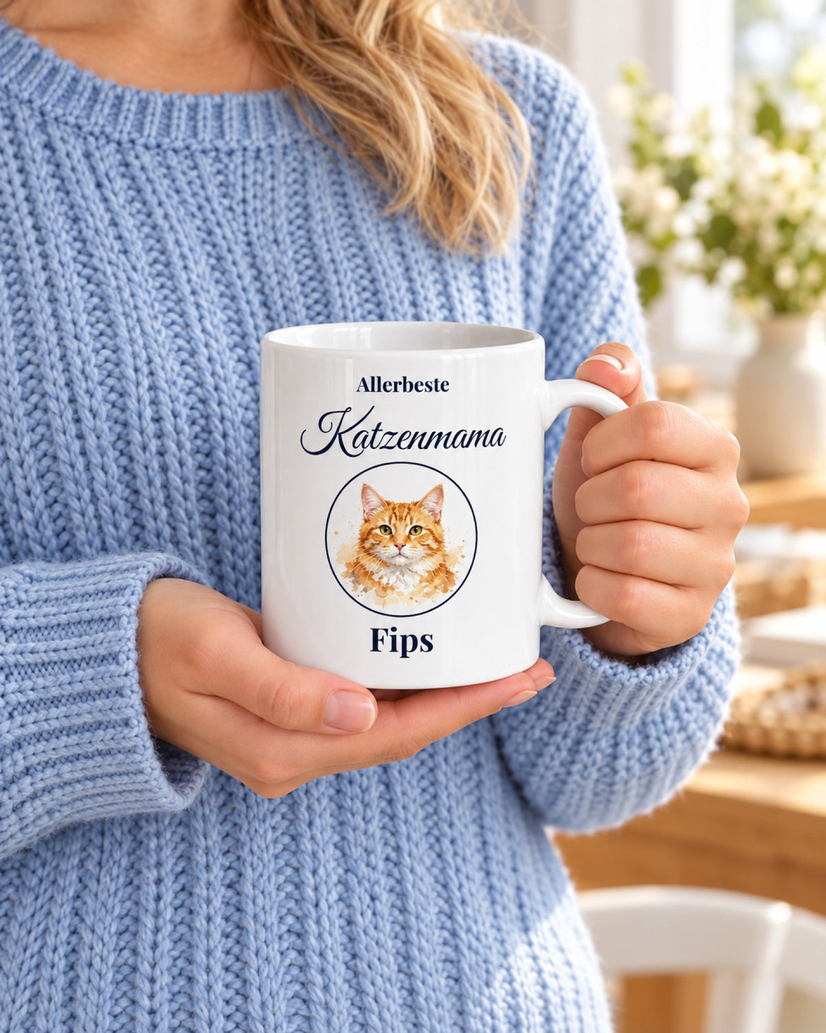 Weiße Tasse Allerbeste Katzenmama mit roter Katze im Medaillon und Namen Fips, gehalten von einer Frau im hellblauen Strickpullover