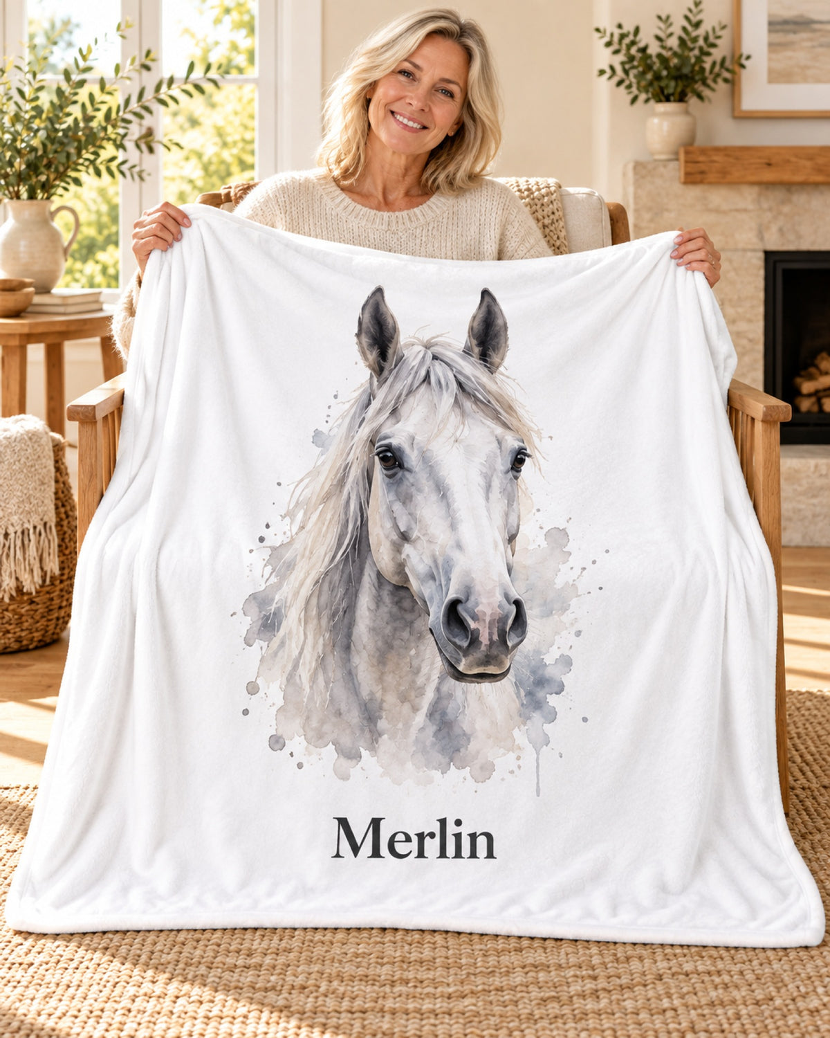 Sherpa-Decke mit Schimmel im Aquarell-Stil und Namen Merlin, eine Frau zeigt die Decke im Wohnzimmer am Kamin