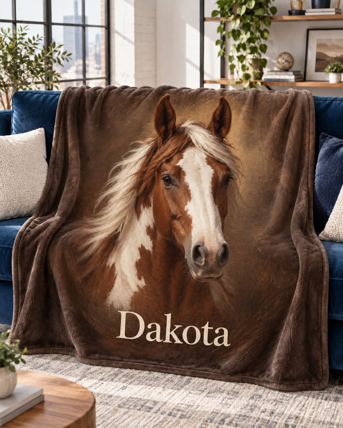 Kuscheldecke mit Schecke als dunkles Ölgemälde und dem Namen Dakota über einem blauen Sofa im Loft