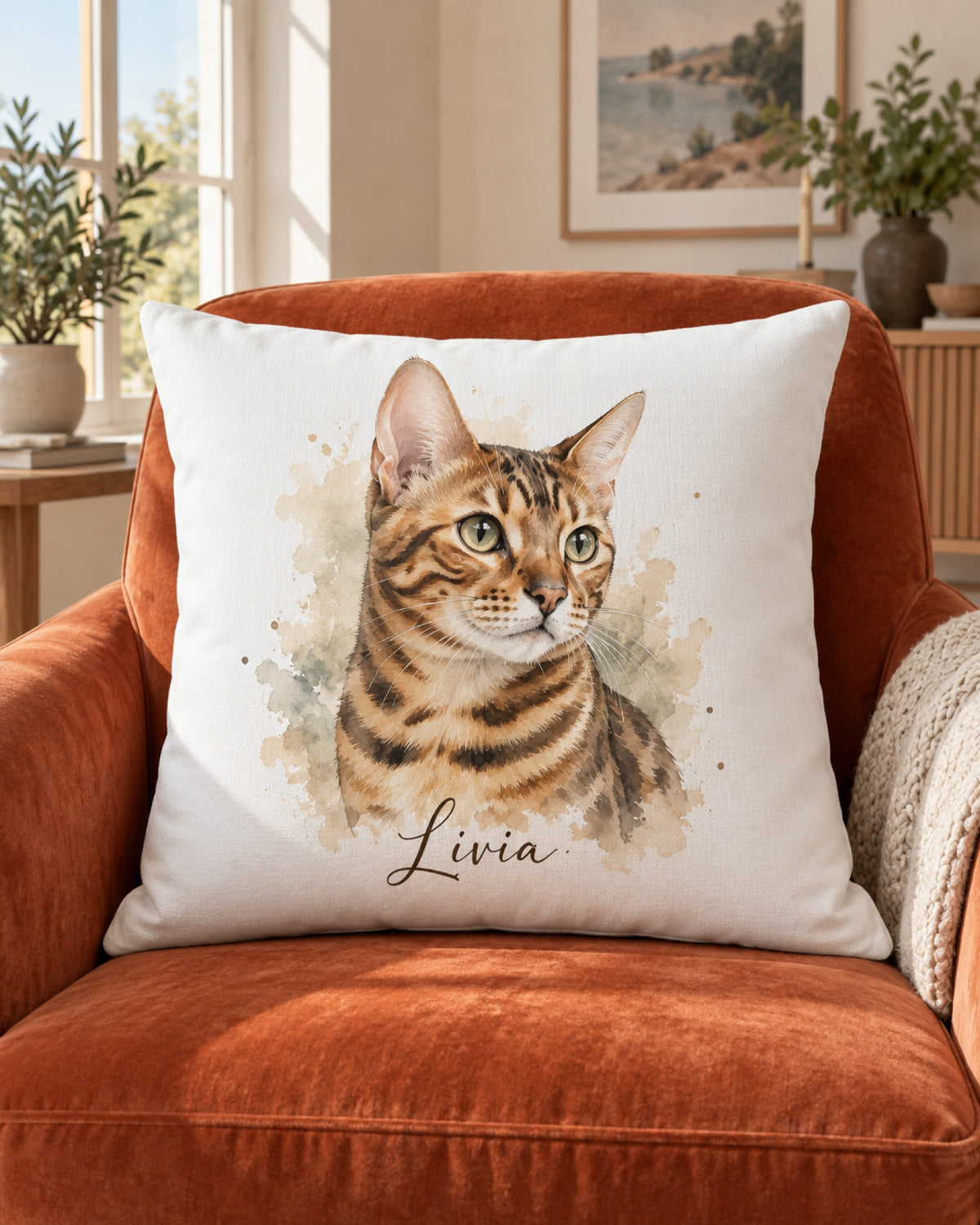 Kissen mit Bengalkatze im Aquarell-Stil und Namen Livia im Sessel
