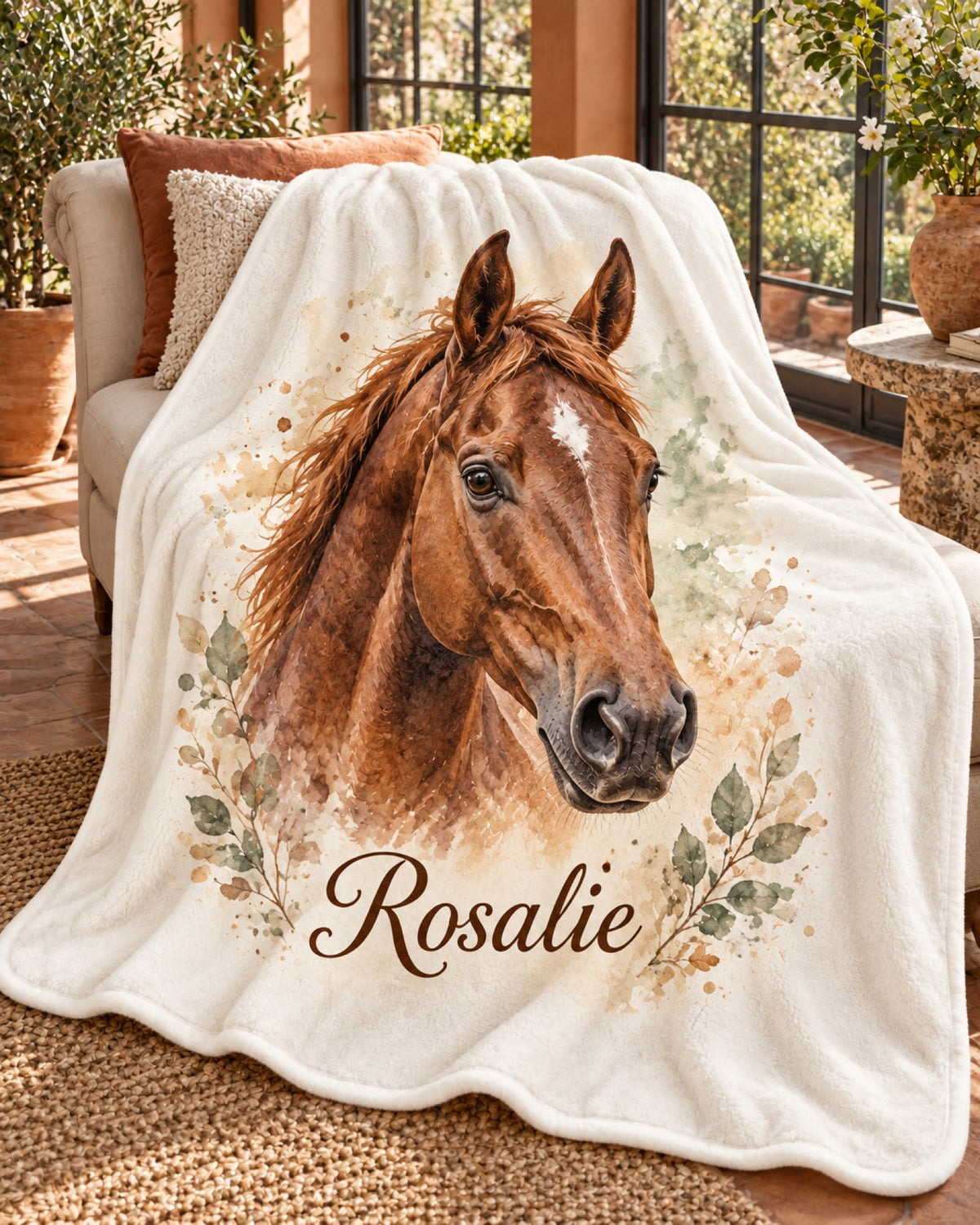 Kuscheldecke mit Fuchsstute im Aquarellstil und dem Namen Rosalie über einem Sessel im sonnigen Wohnzimmer