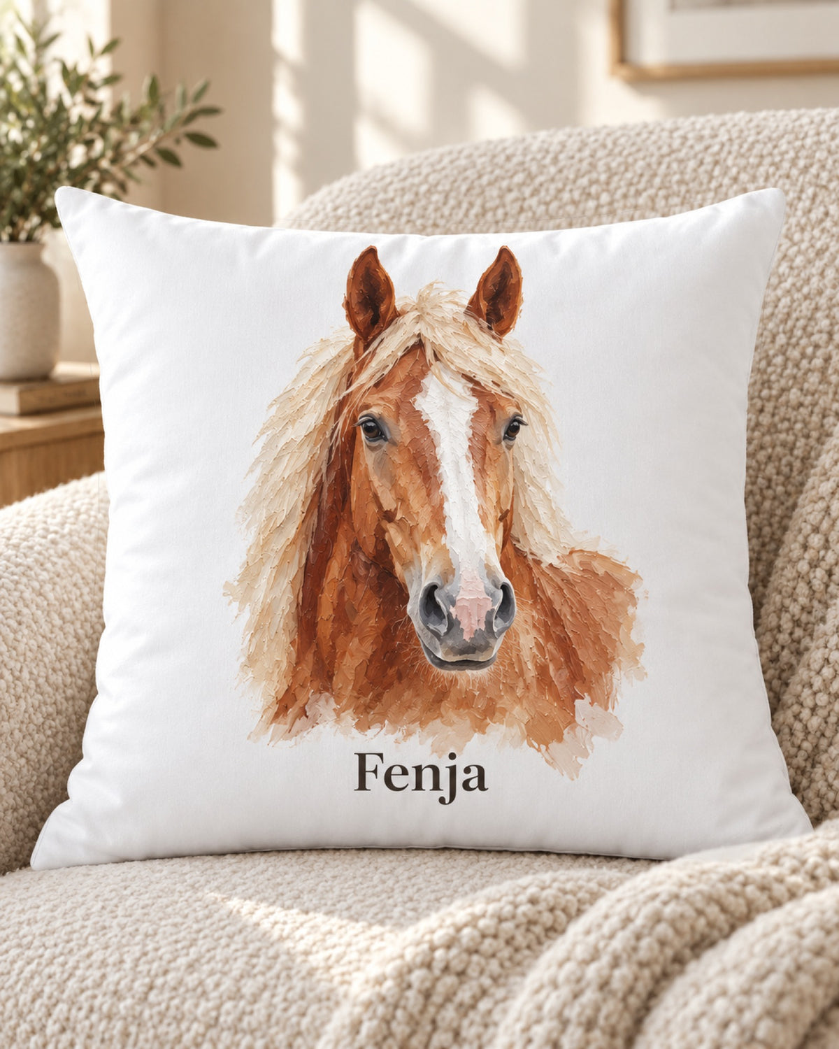 Kissenbezug mit Haflinger im Ölgemälde-Stil und Namen Fenja, das Kissen liegt auf einem Sessel mit Strickdecke