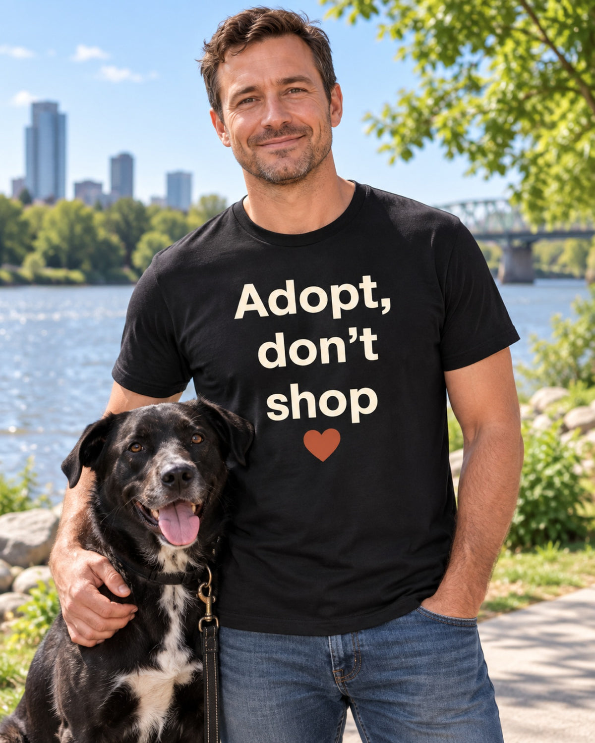 Mann im schwarzen T-Shirt „Adopt, don’t shop“ mit seinem schwarzen Hund am Fluss