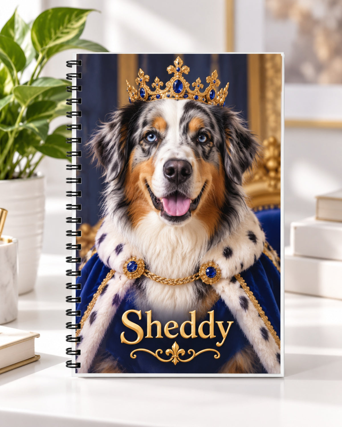 Notizbuch mit Spiralbindung, Australian Shepherd im Royal-Stil mit Krone und Namen Sheddy auf dem Schreibtisch