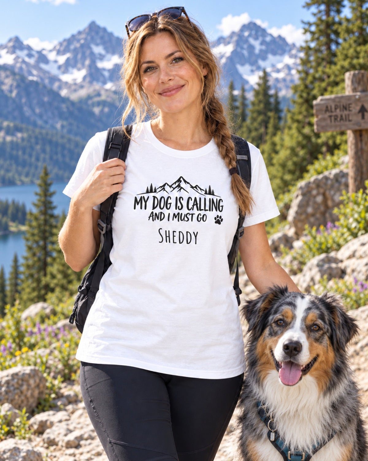 Weißes T-Shirt My Dog is calling and I must go mit dem Namen Sheddy, Wanderin mit Australian Shepherd in den Bergen