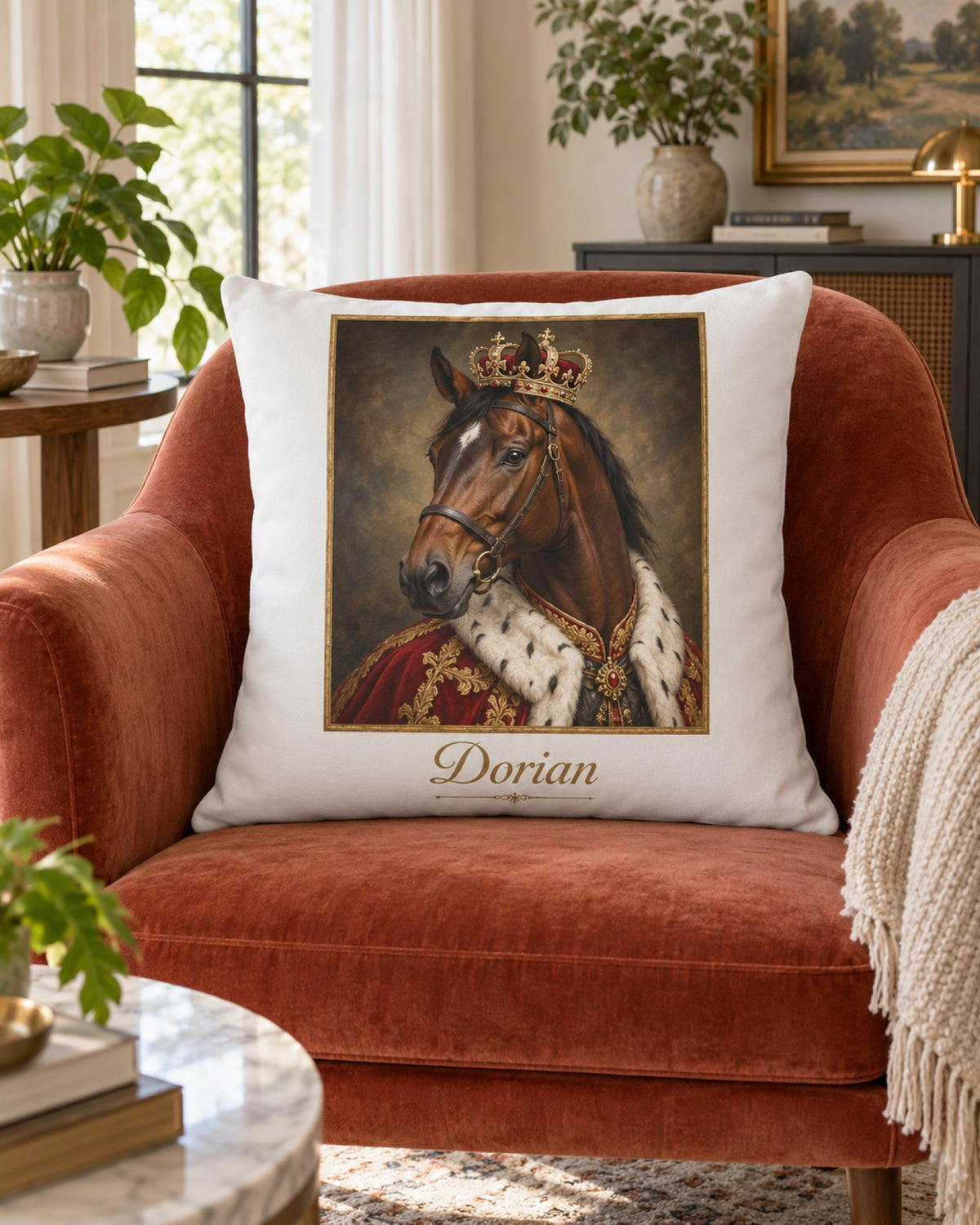 Kissen mit Braunem im Royal-Stil und Namen Dorian im Sessel