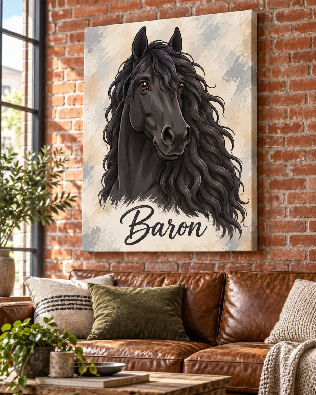 Leinwand mit schwarzem Friesen mit langer Mähne im Cartoon-Stil und Namen Baron an der Wohnzimmerwand