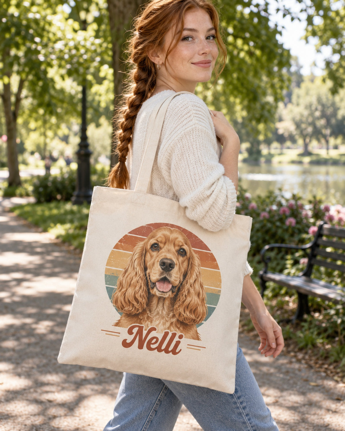 Frau mit naturfarbener Stofftasche mit Cocker-Spaniel-Portrait im Retro-Stil und Namen Nelli im Park