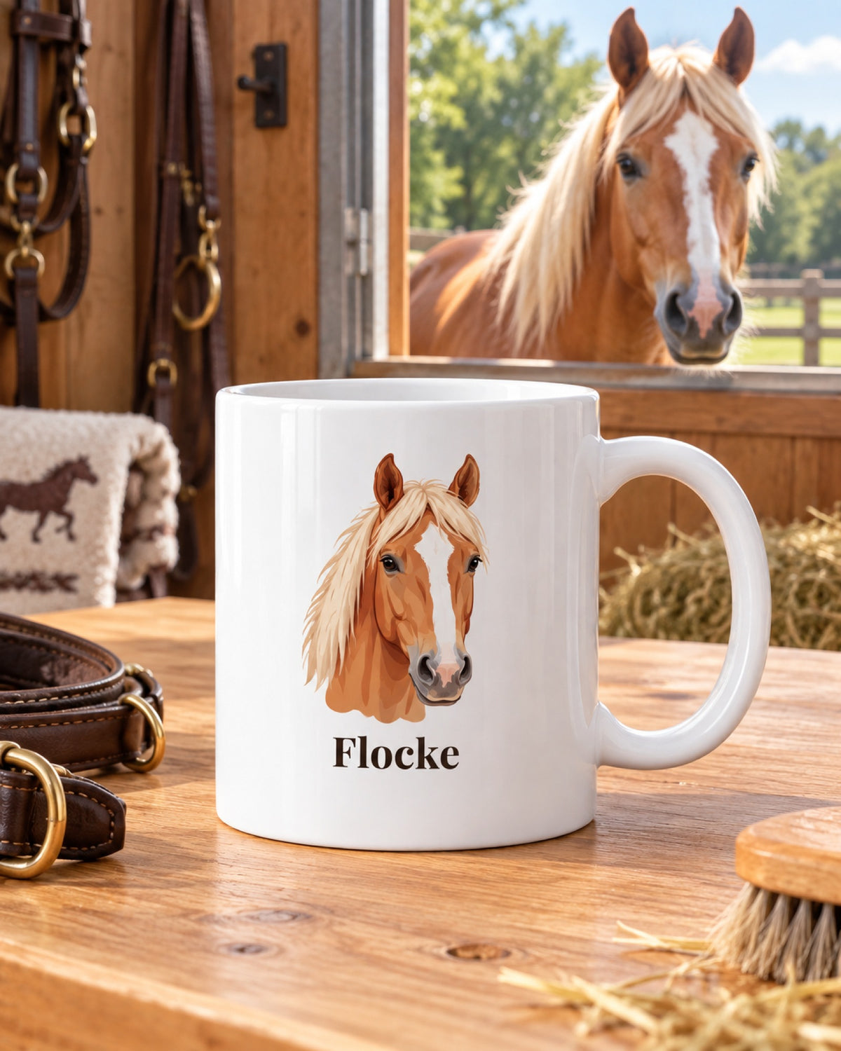Pferdetasse mit Fuchs mit Blesse im Aquarell-Stil und Namen Flocke im Stall