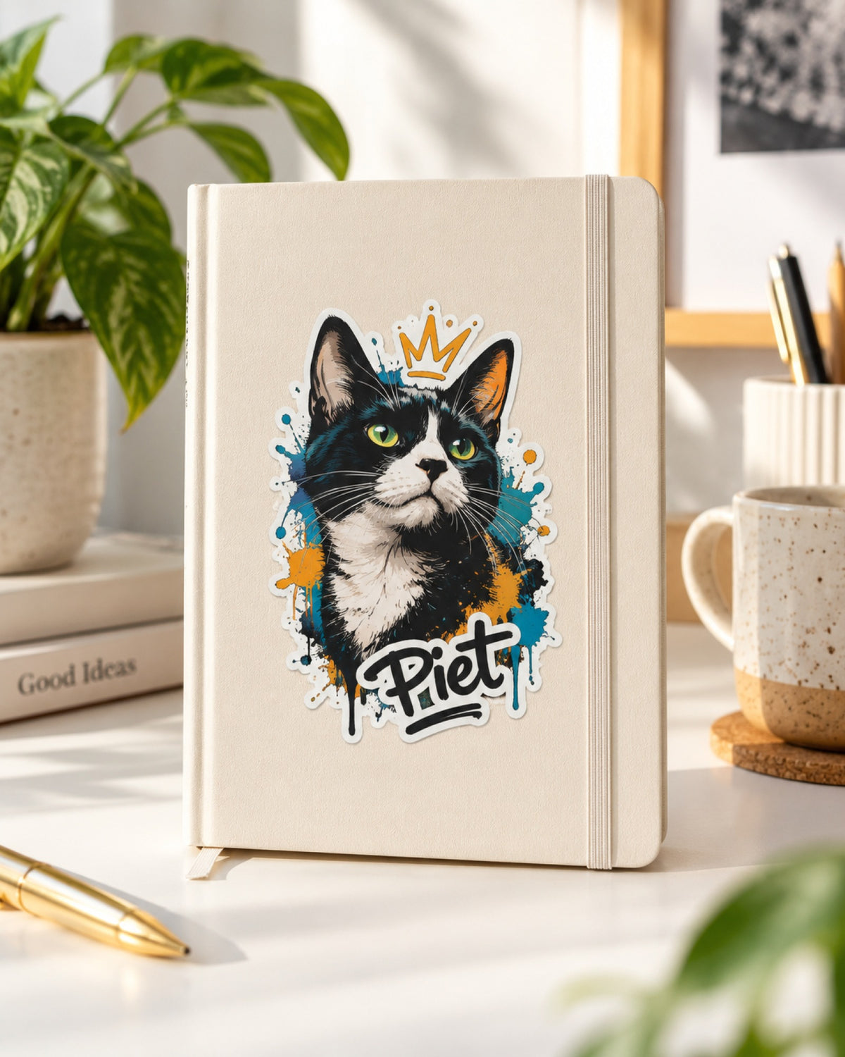 Sticker mit schwarz-weißer Katze im Street-Art-Stil und Namen Piet auf einem Notizbuch