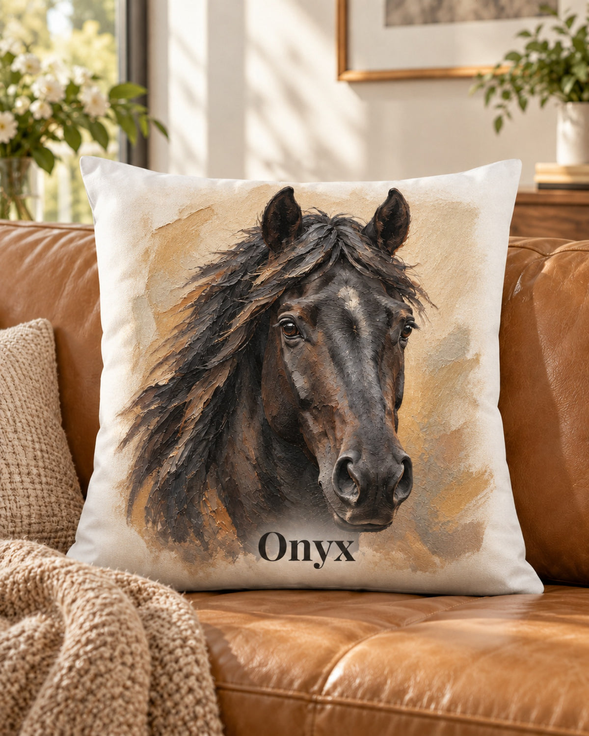 Kissen mit Rappe im Ölgemälde-Stil und Namen Onyx, das Kissen liegt auf einem braunen Ledersofa