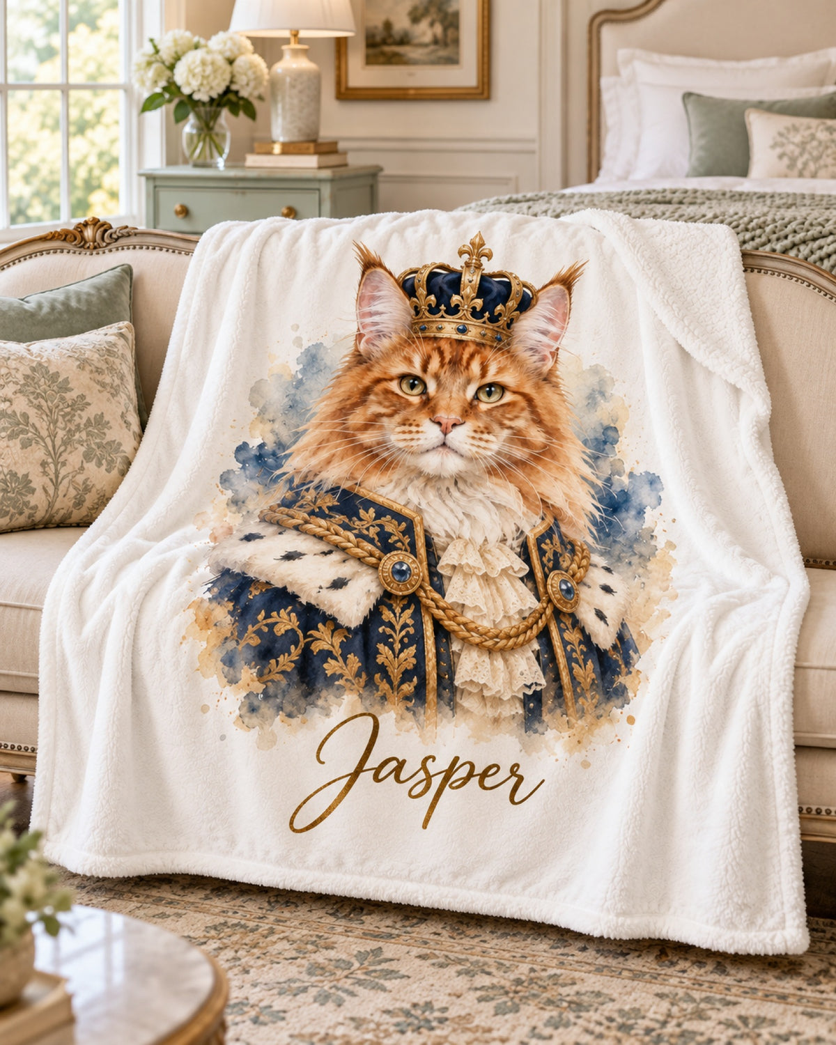 Sherpa-Decke mit Maine Coon im Royal-Stil und Namen Jasper auf dem Sofa