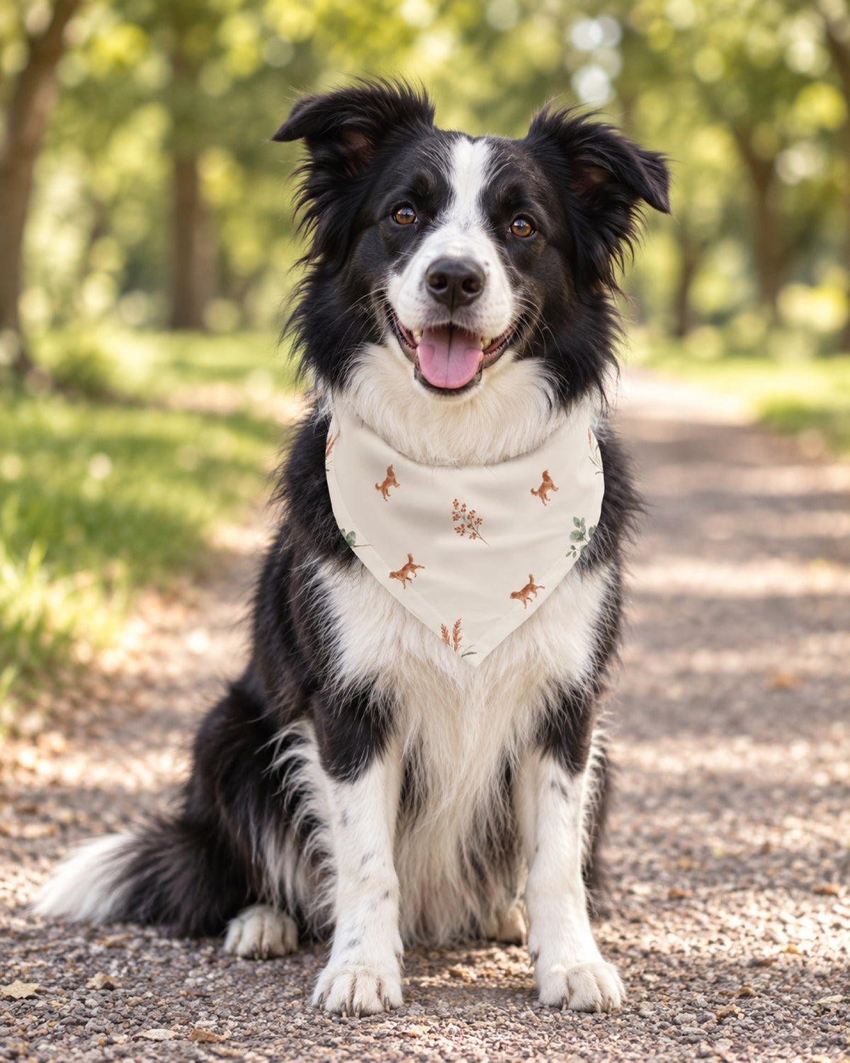 Hundehalstuch mit Hunden und Eukalyptus auf Creme, getragen von einem Border Collie auf einem sonnigen Parkweg