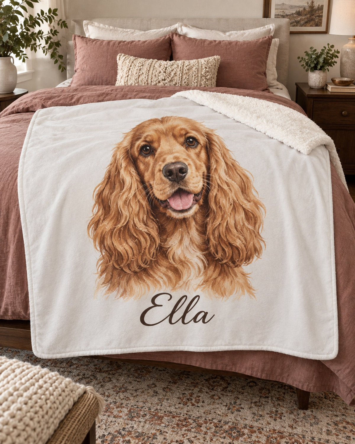 Sherpa-Decke mit Cocker Spaniel und Namen Ella auf dem Bett