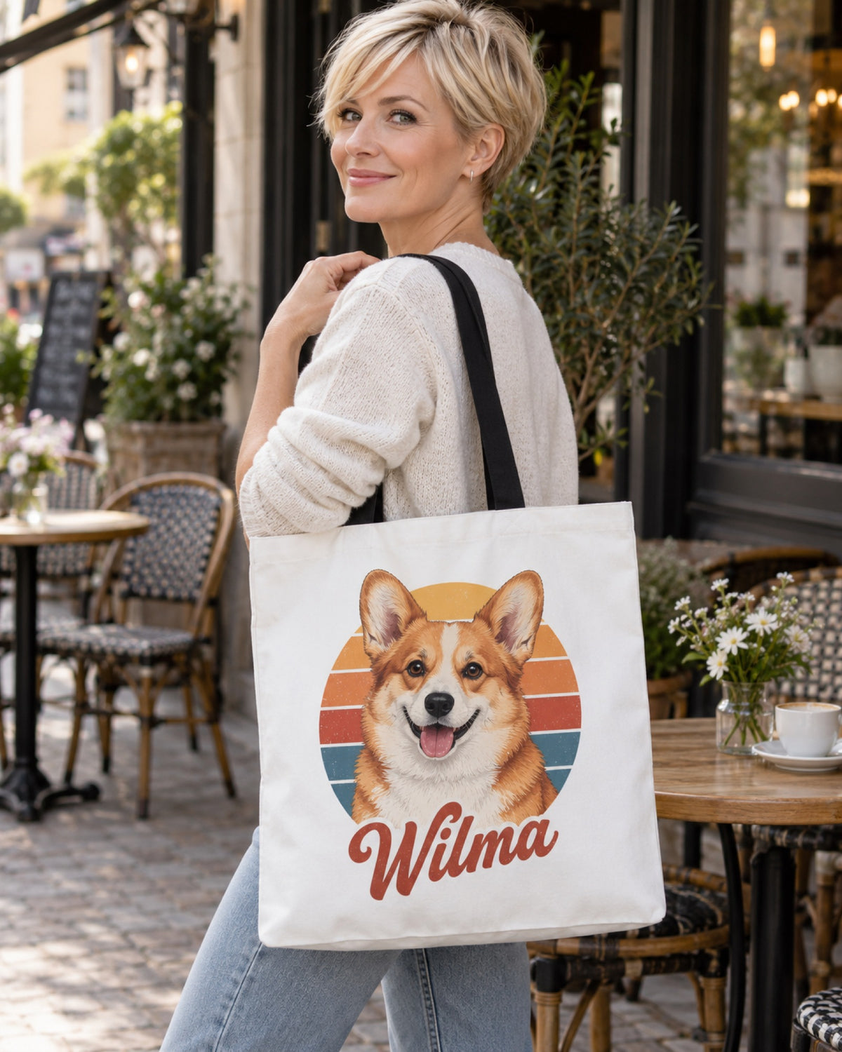 Frau mit weißer Stofftasche mit schwarzen Henkeln, Corgi-Portrait im Retro-Stil und Namen Wilma vor einem Café