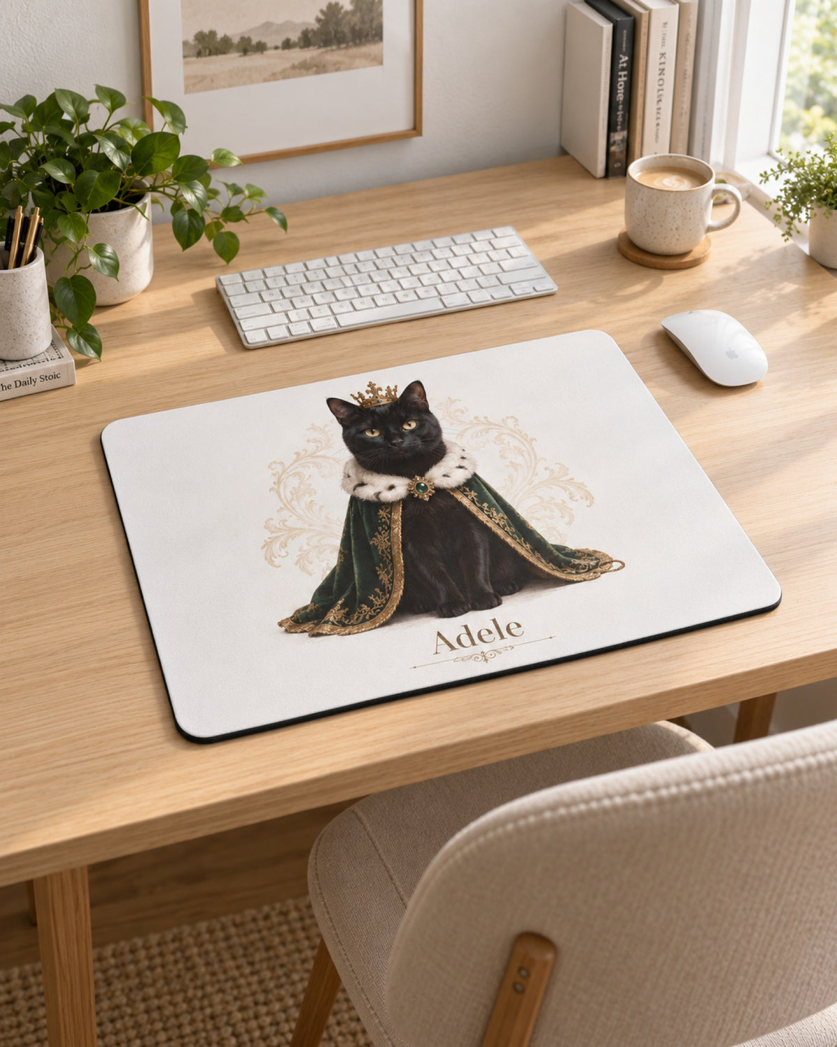 Mauspad 22 x 18 cm mit schwarzer Katze im Royal-Stil und Namen Adele, Hand mit Maus darauf