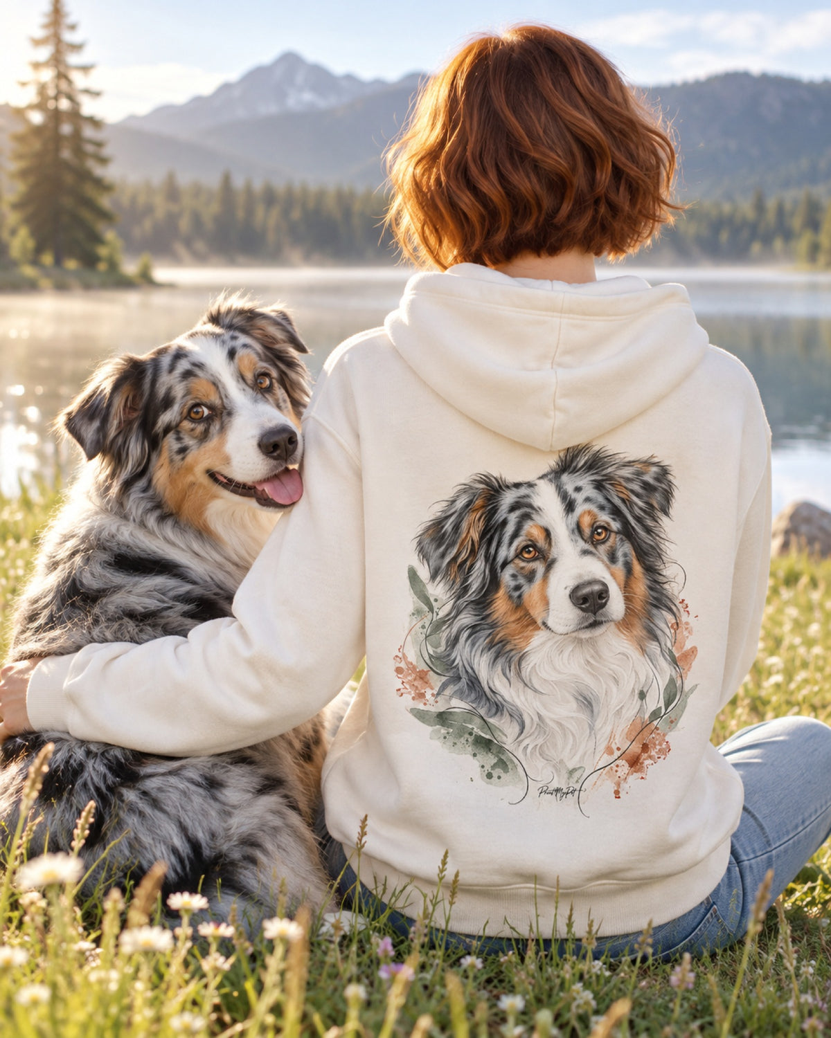 Frau im cremeweißen Hoodie mit Australian Shepherd im Aquarell-Stil auf dem Rücken, daneben ihr Hund am See