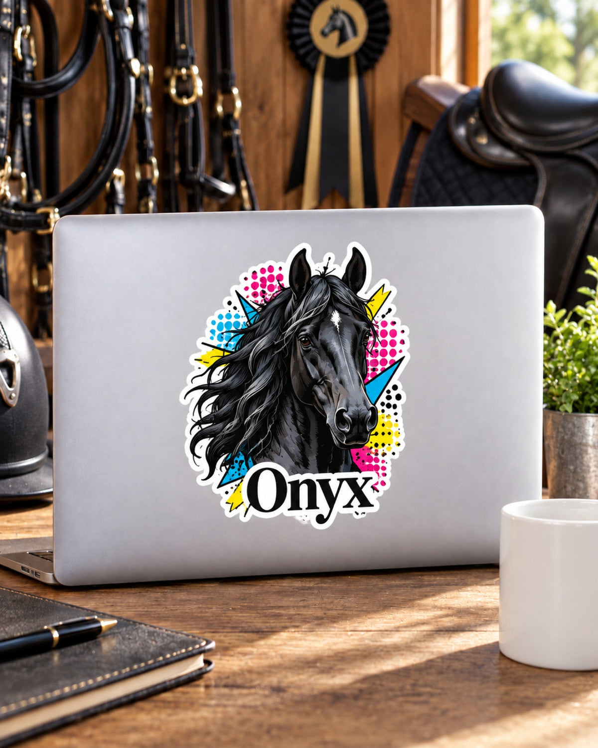 Sticker mit Rappe im Pop-Art-Stil und Namen Onyx auf einem Laptop