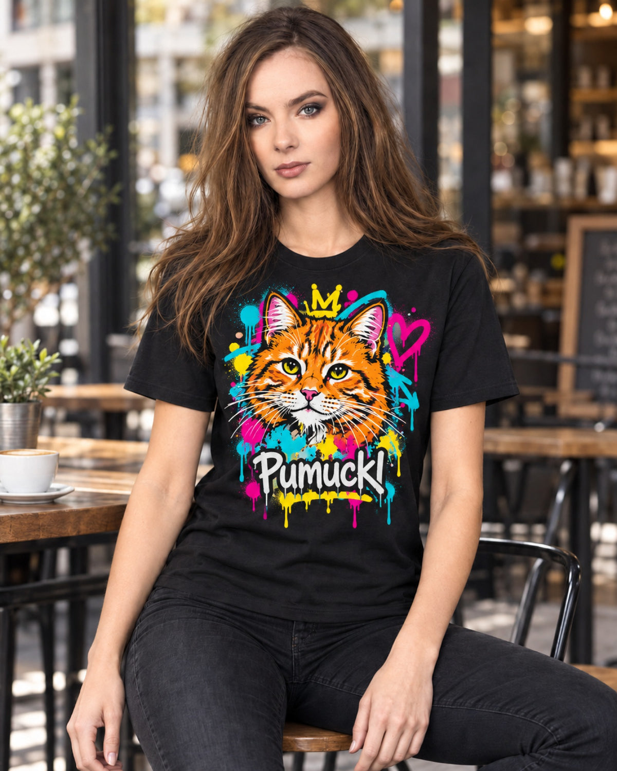 Frau im Straßencafé trägt ein schwarzes T-Shirt mit roter Katze Pumuckl im Street-Art-Stil