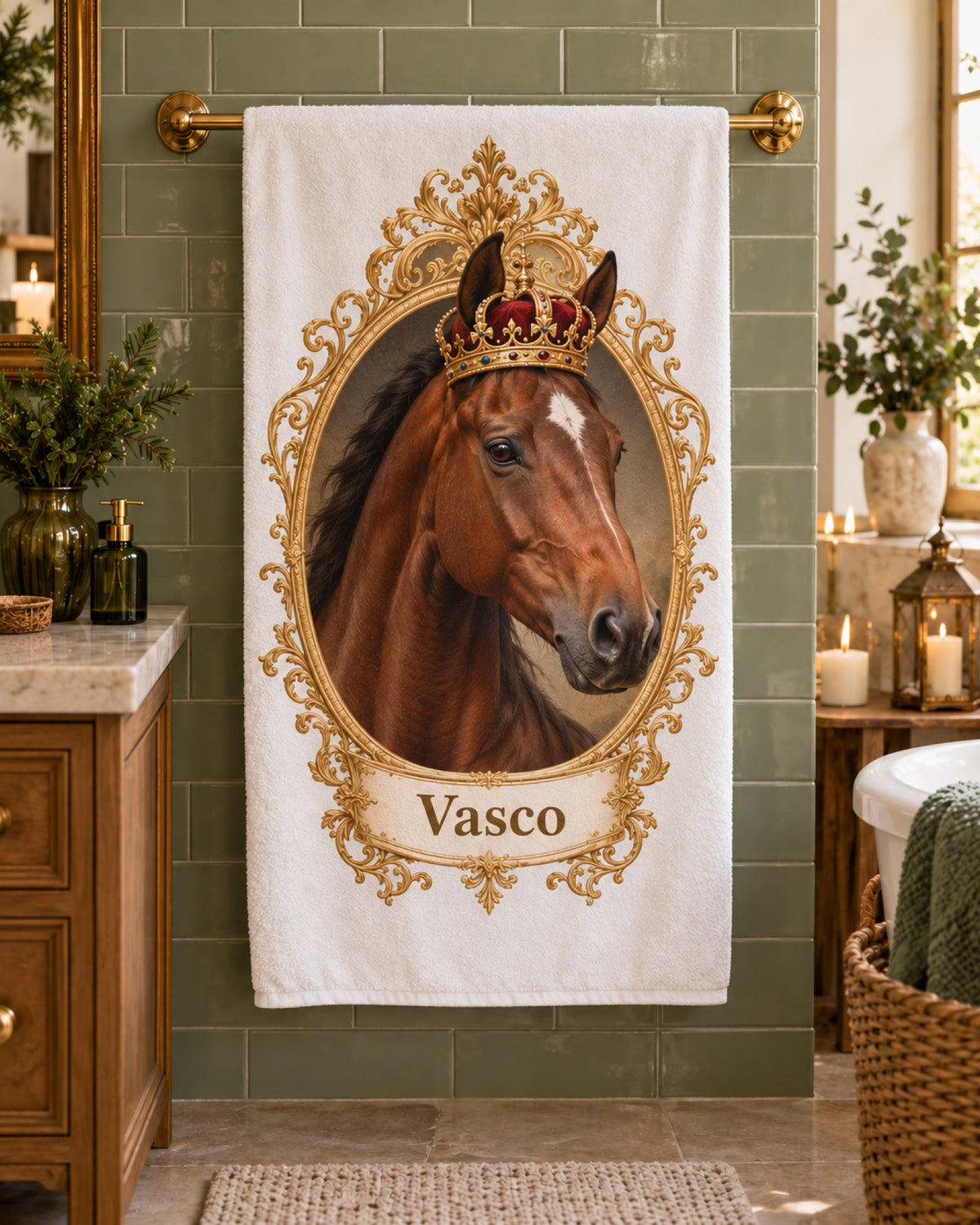 Badetuch mit Fuchs im Royal-Stil und Namen Vasco an der Handtuchstange im Bad
