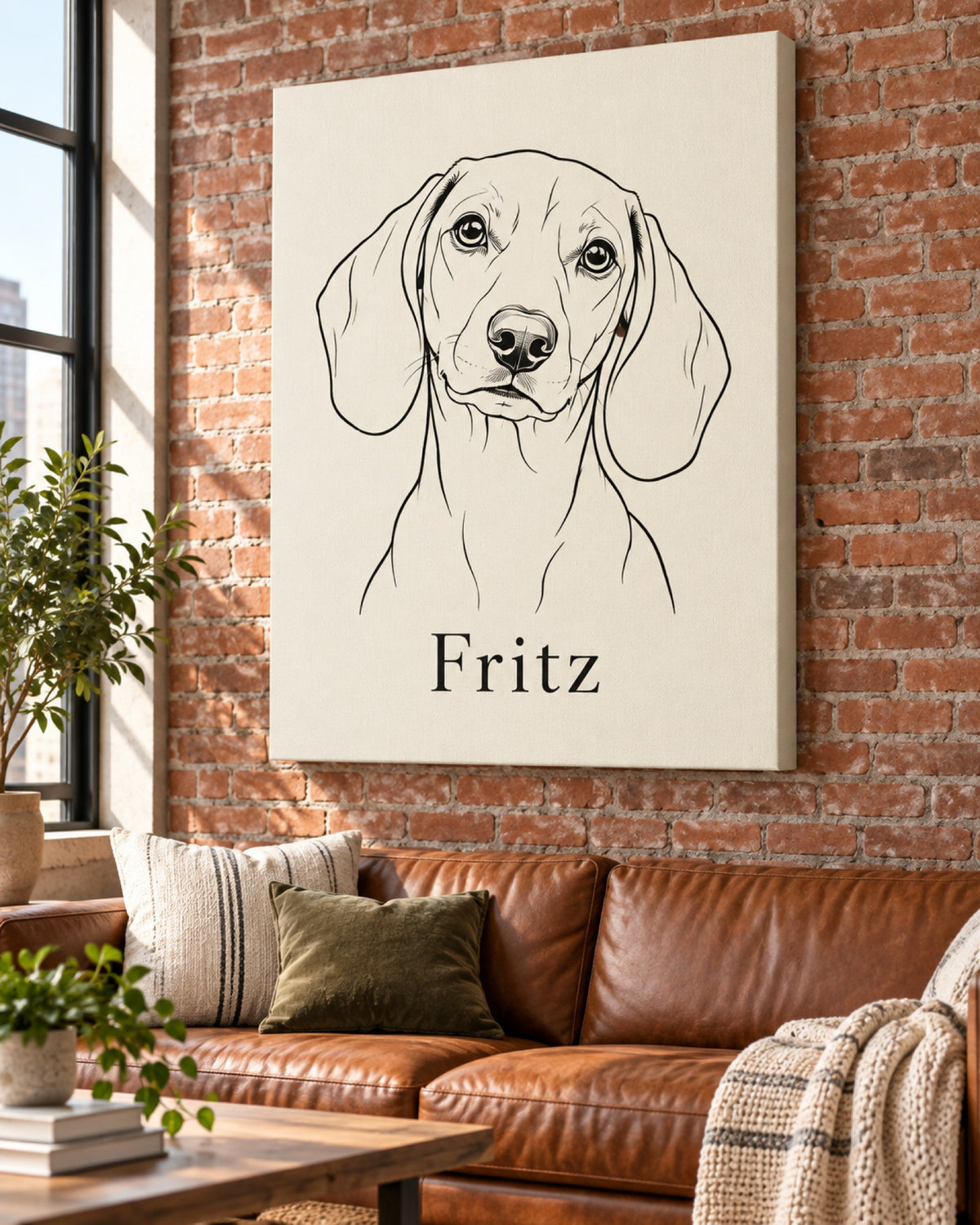 Leinwand mit rotem Kurzhaardackel als Minimal-Linienzeichnung und Namen Fritz an der Wohnzimmerwand