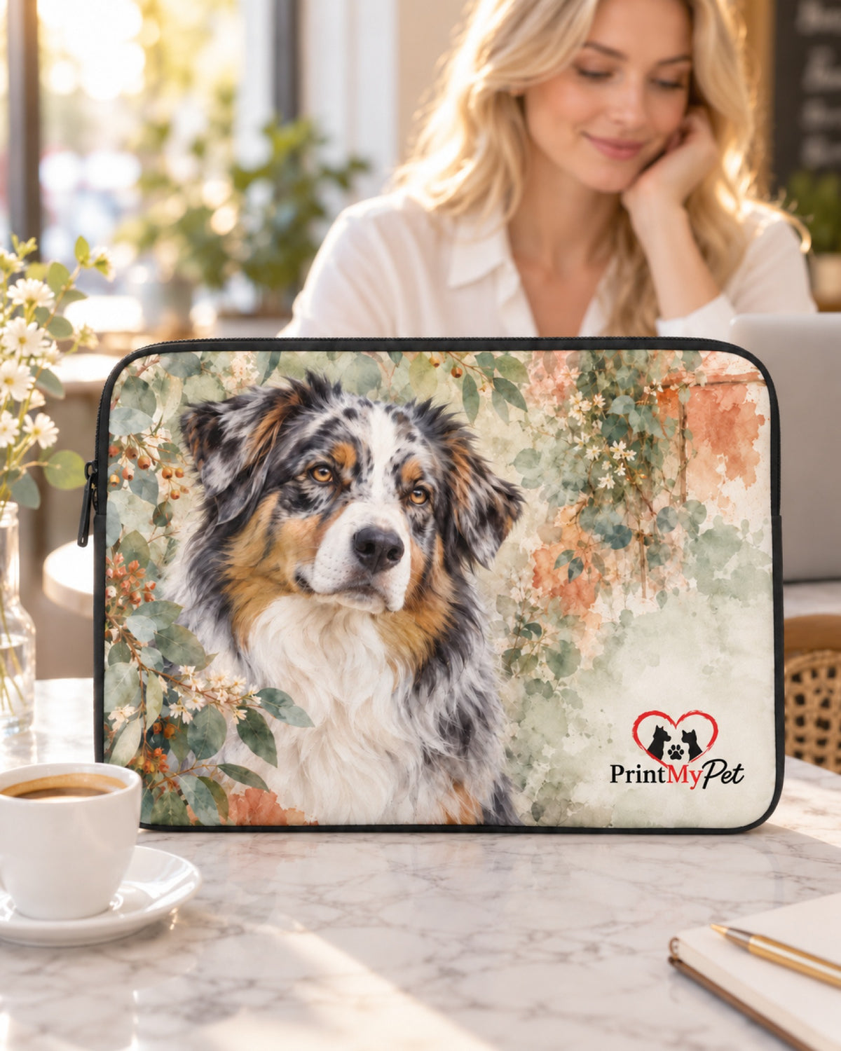 Laptophülle mit Australian Shepherd im Aquarell-Stil auf einem Marmortisch im Café