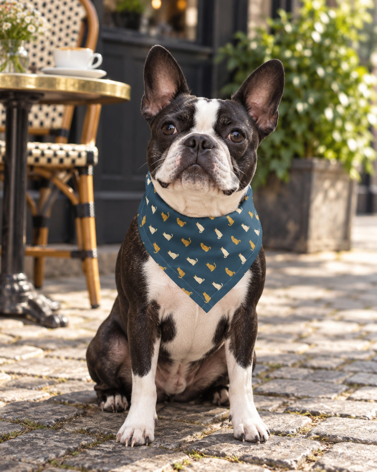 Boston Terrier trägt das blaue Halstuch mit Katzenmuster vor dem Café
