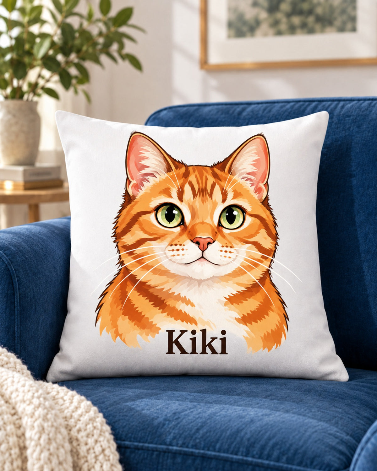 Kissen mit roter Katze im Cartoon-Stil und Namen Kiki, das Kissen liegt auf einem blauen Samtsessel